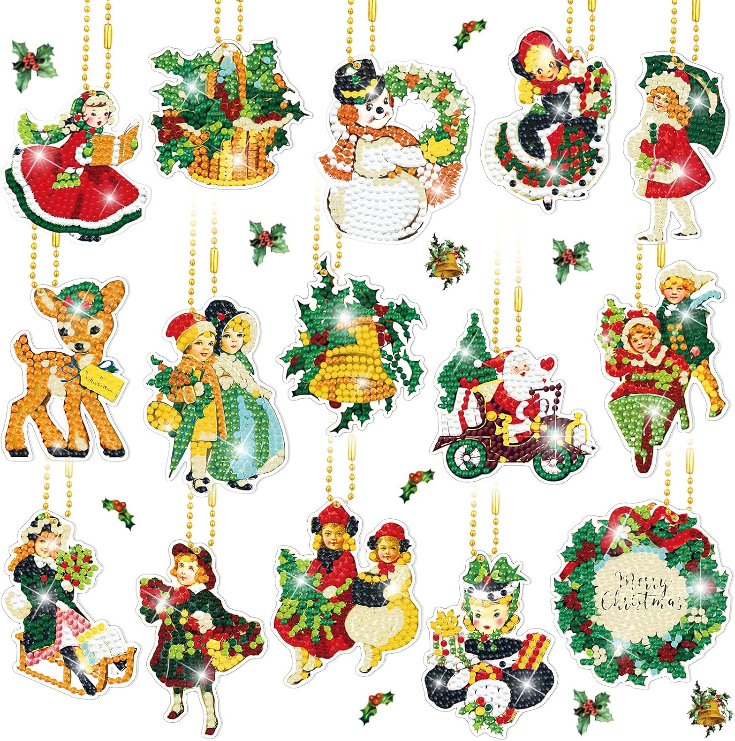 BBTO 15 llaveros de pintura de diamante vintage de Navidad, adornos de pintura de diamantes 5D, llaveros de arte de diamantes de Navidad para niños,