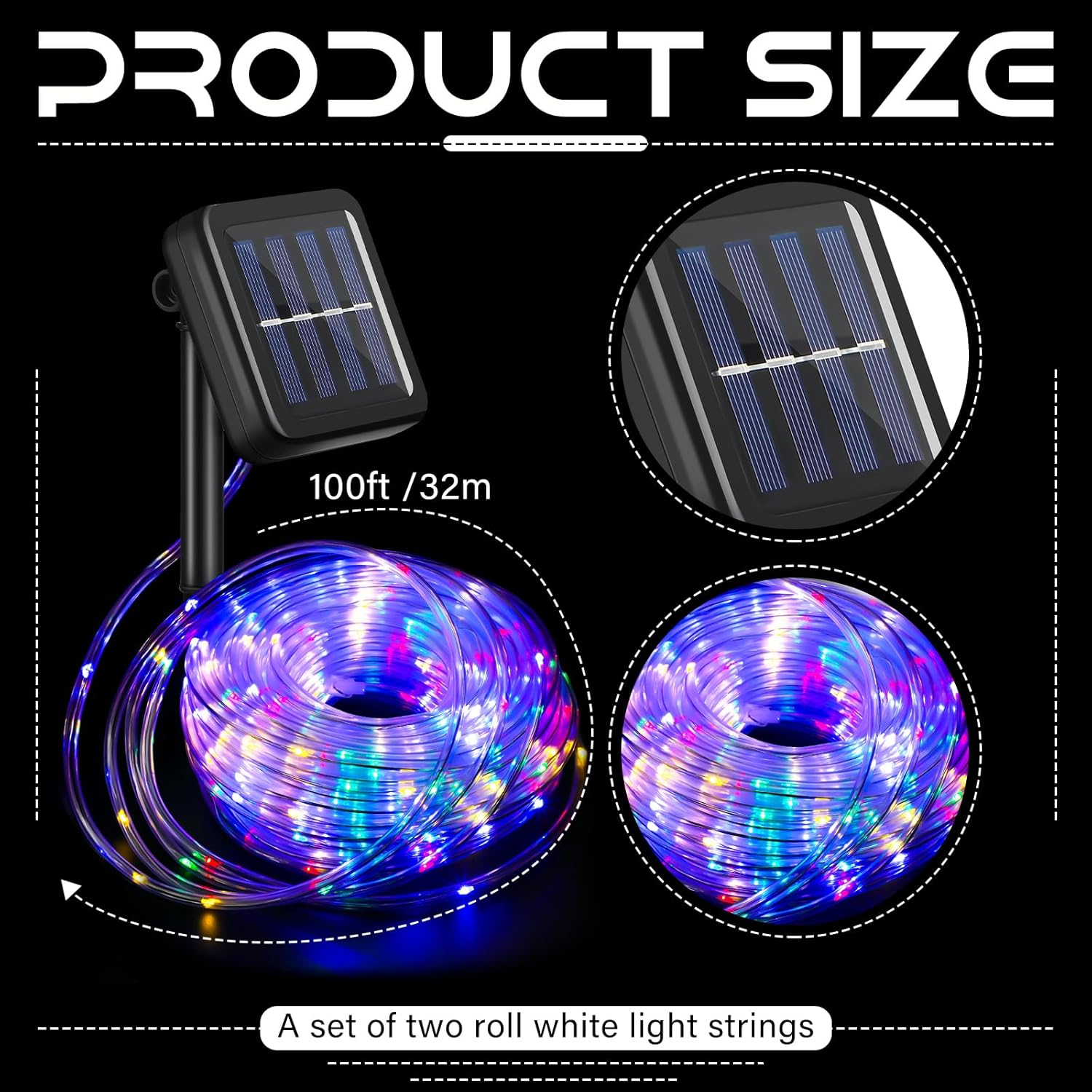 2 tiras de luces solares de 300 LED de 100 pies cada una para exteriores, impermeables, para campamento, 8 modos de iluminación, tubo de PVC