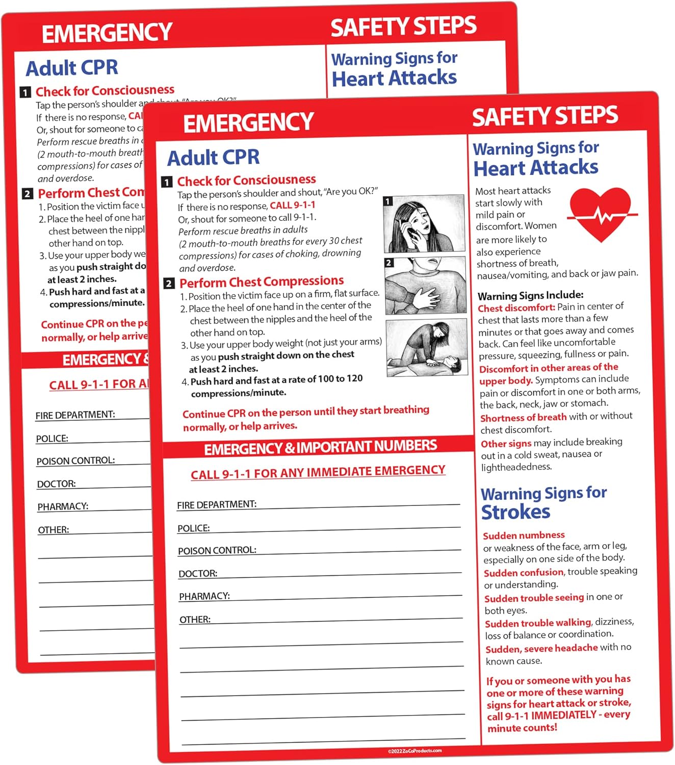 RCP para adultos, ataque cardíaco y accidente cerebrovascular, gráficos de rescate (paquete de 2), tarjeta de referencia rápida de primeros auxilios