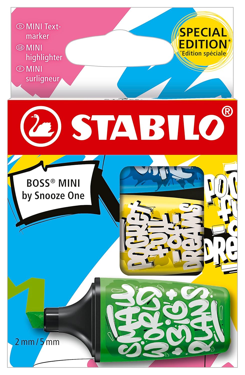 STABILO Resaltador BOSS MINI de Snooze One – Paquete de 3 – Azul, Amarillo, Verde