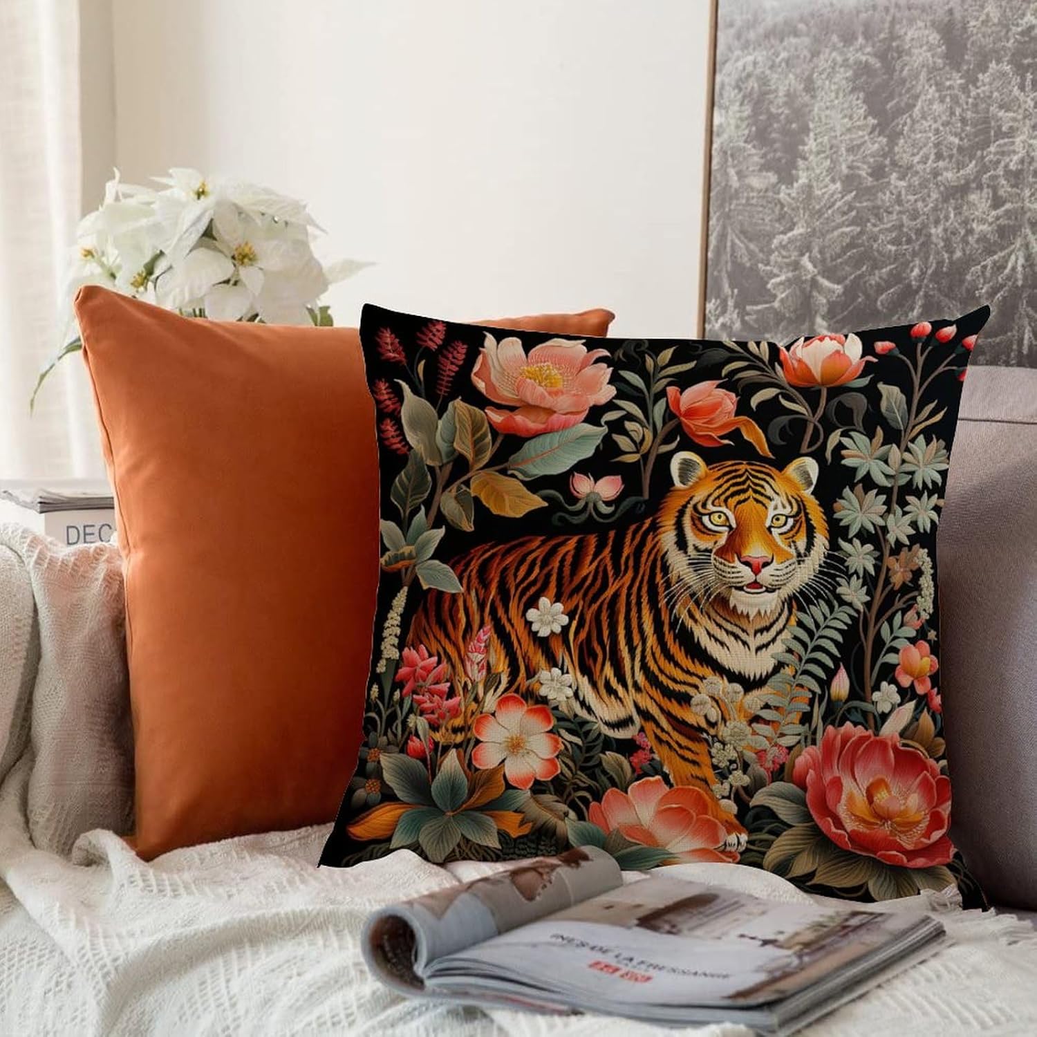 popeven Funda de almohada con cremallera y diseño de animales con cremallera, diseño de rayas de tigre colorido, chinoiserie, para el hogar,