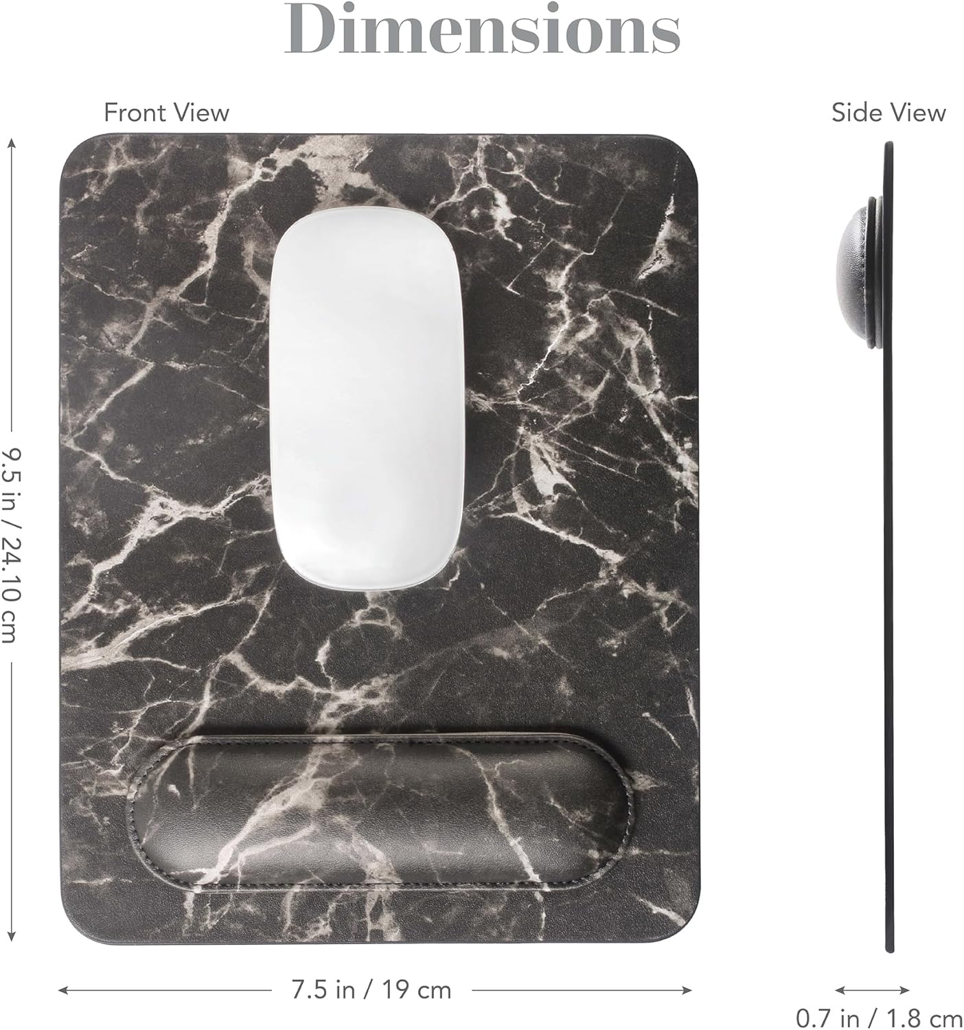 HABITU Alfombrilla de mouse de cuero vegano de mármol negro con soporte magnético extraíble y base antideslizante, alfombrilla ergonómica para mouse