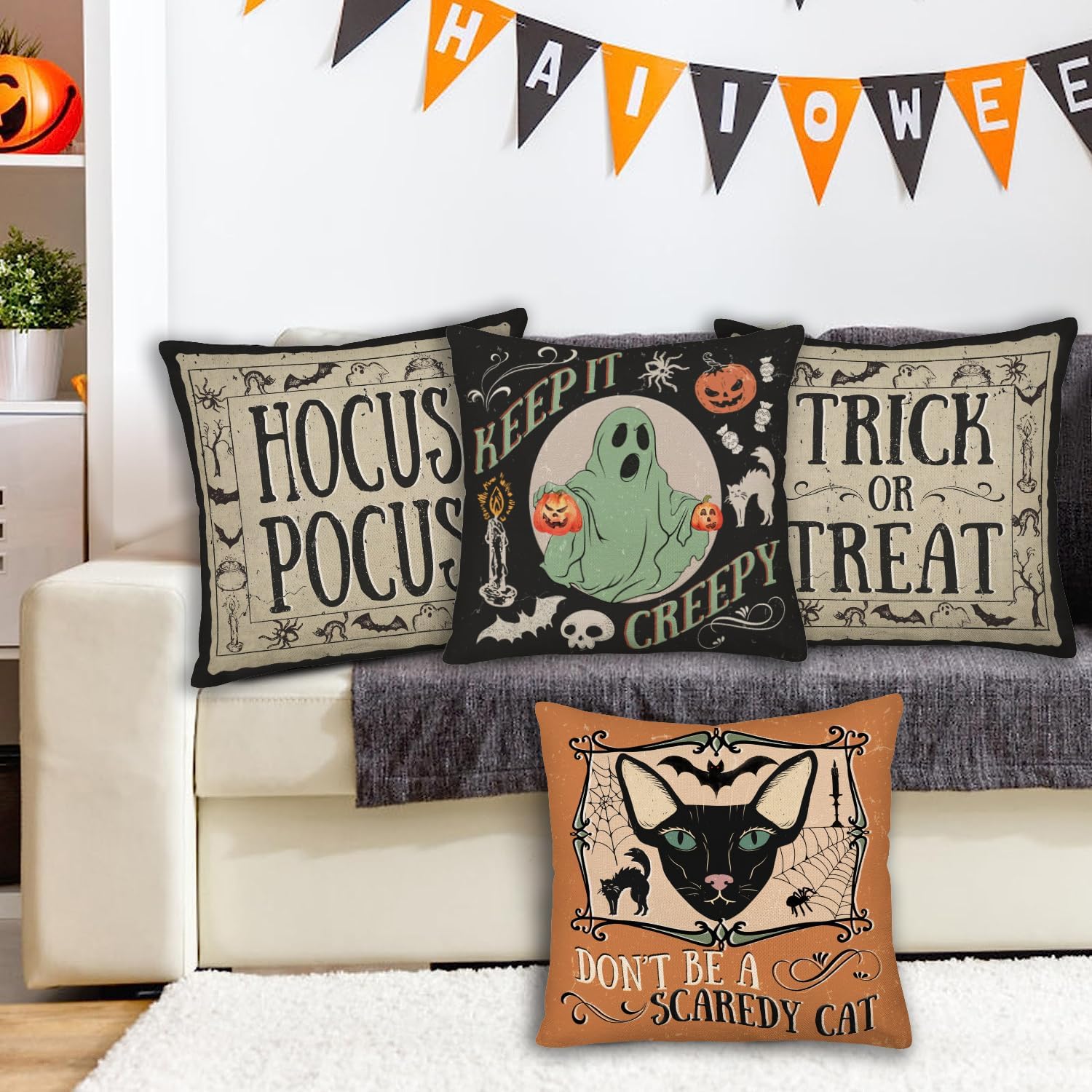 Juego de 4 fundas de almohada vintage de Halloween de 20 x 20 pulgadas, decoración de Halloween, gato aterrador, calabaza, fantasma, funda de cojín