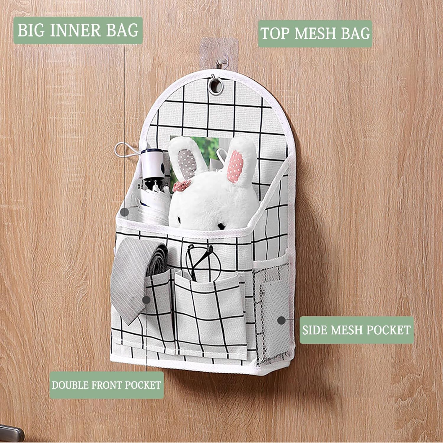 FuninCrea Bolsa de almacenamiento para colgar en la pared, organizador de lino a cuadros blanco y negro, para montar en la pared, sin perforaciones,
