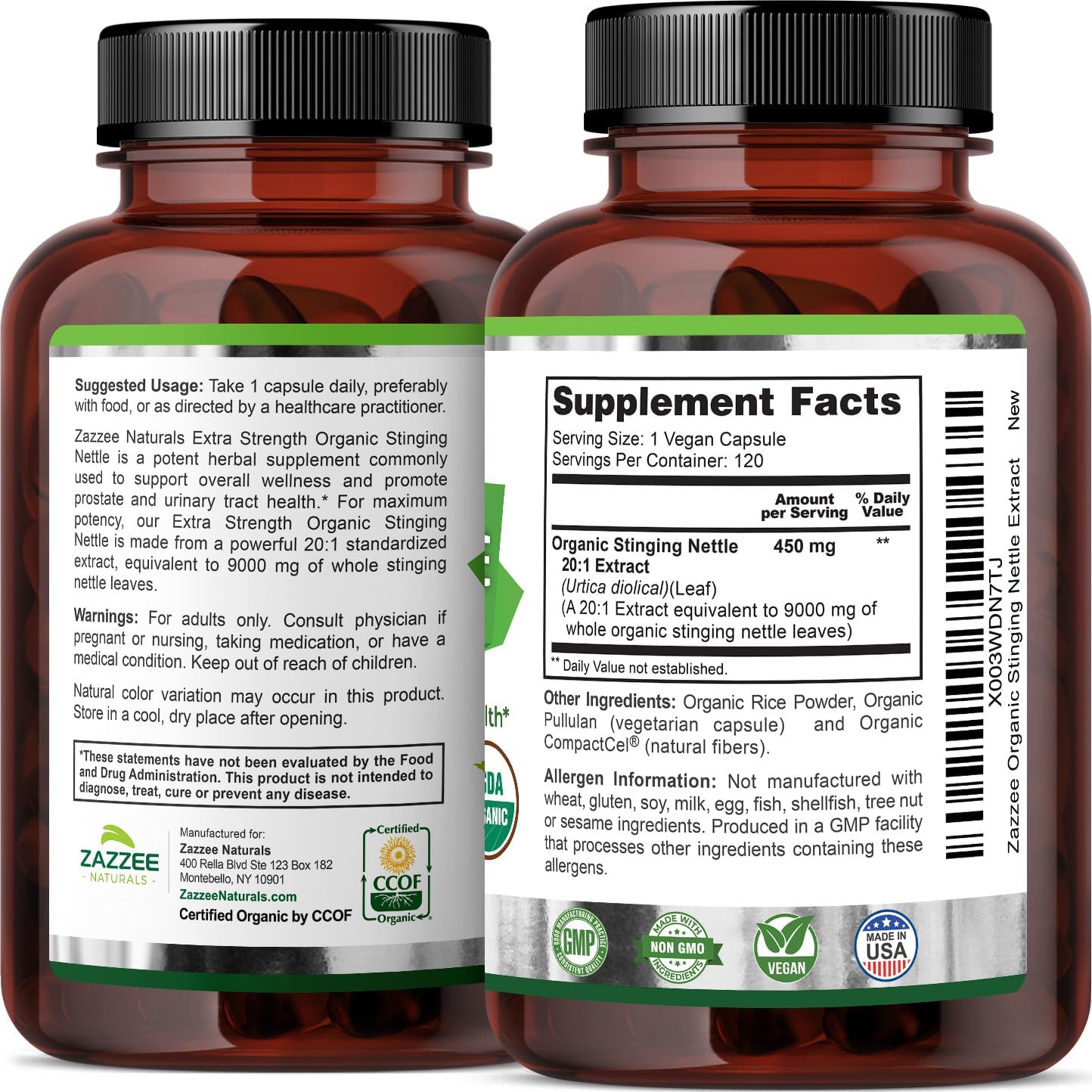 Zazzee USDA Organic Stinging Ortiga Extracto 201, 9000 mg de fuerza, 120 cápsulas veganas, suministro para 4 meses, concentrado, extracto