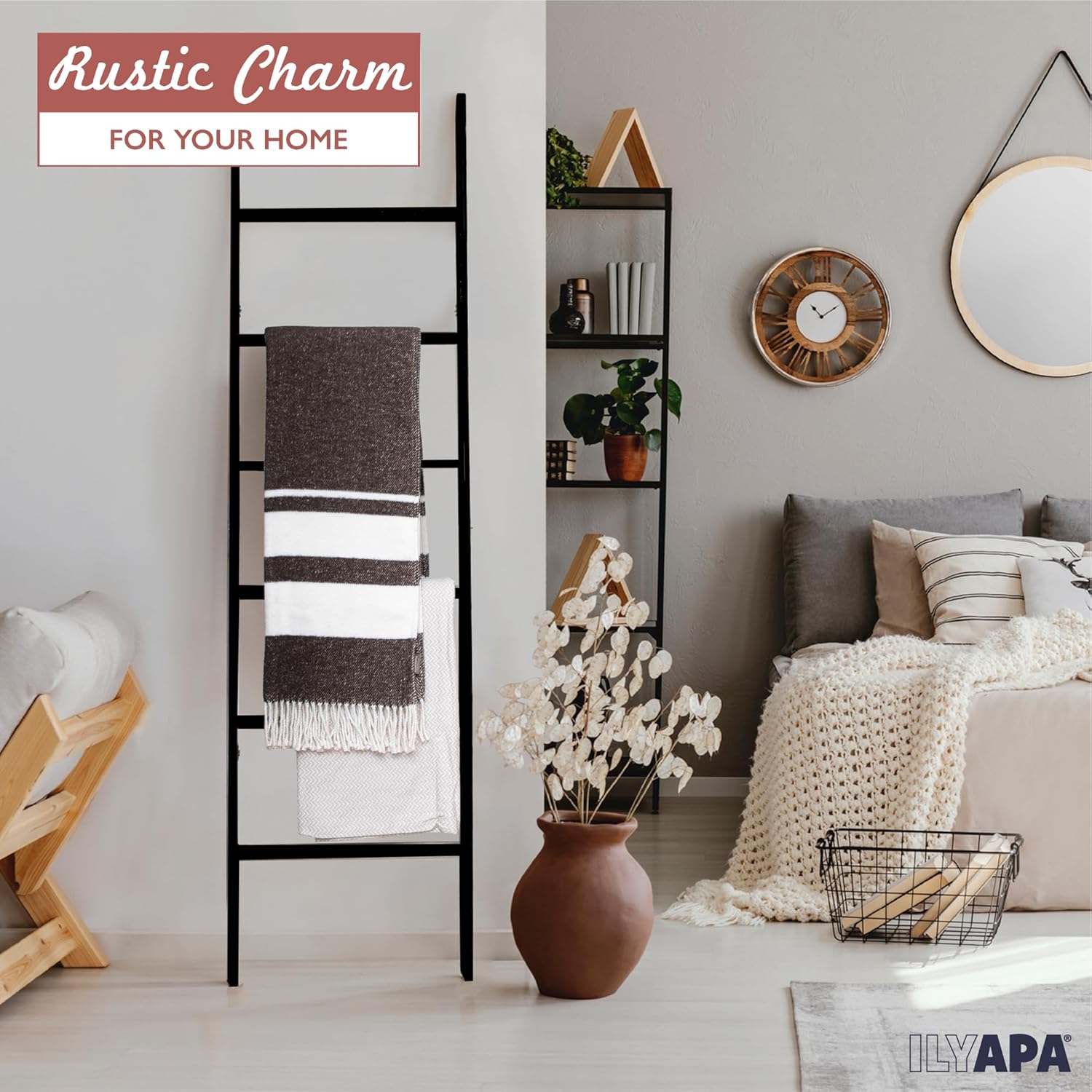 Ilyapa Escalera para manta para la sala de estar, escalera decorativa rústica con construcción plegable, fácil almacenamiento, madera envejecida
