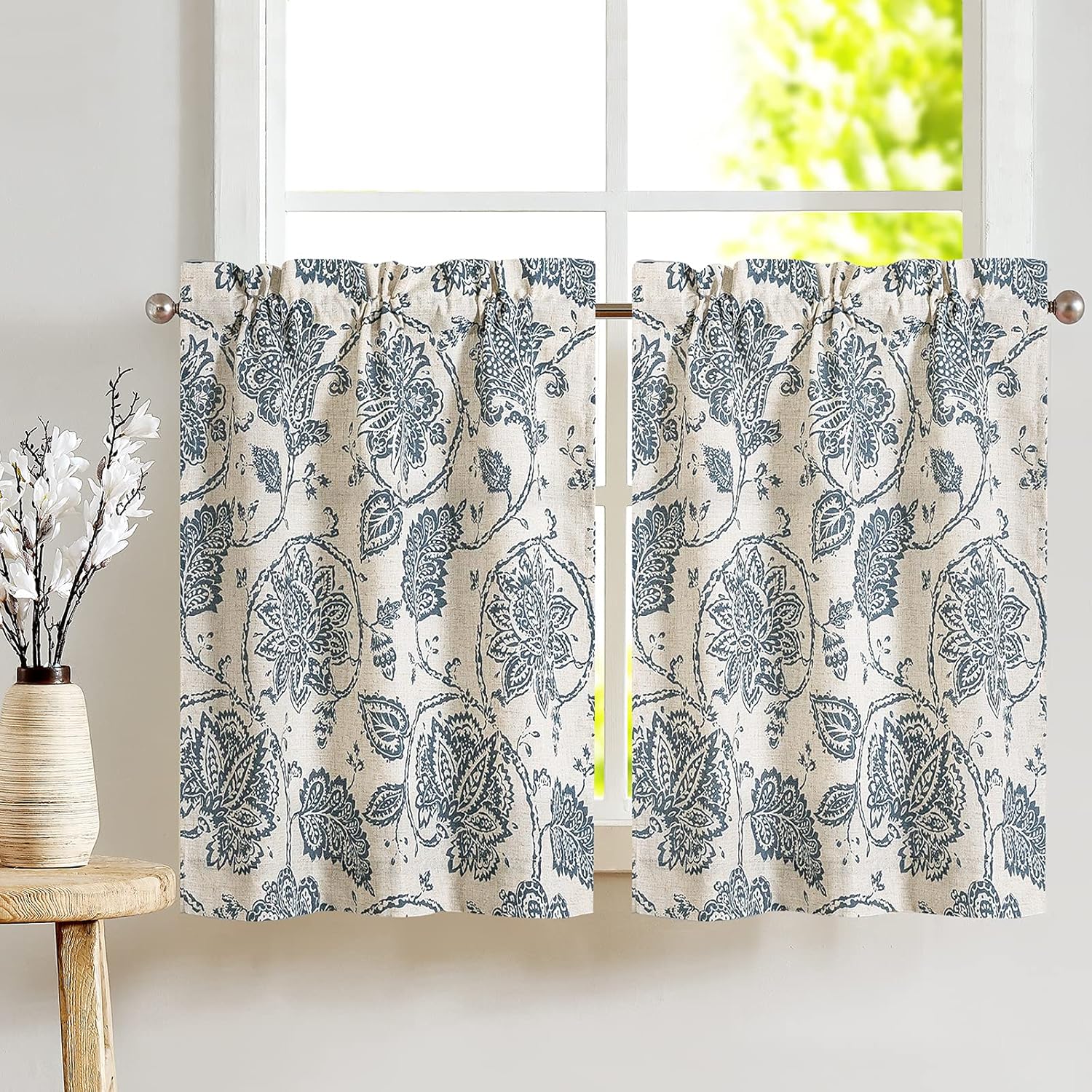 jinchan Cortinas de cocina de 36 pulgadas de largo, con estampado de pergamino de cachemira, cortinas cortas de lino para baño, diseño de medallón,