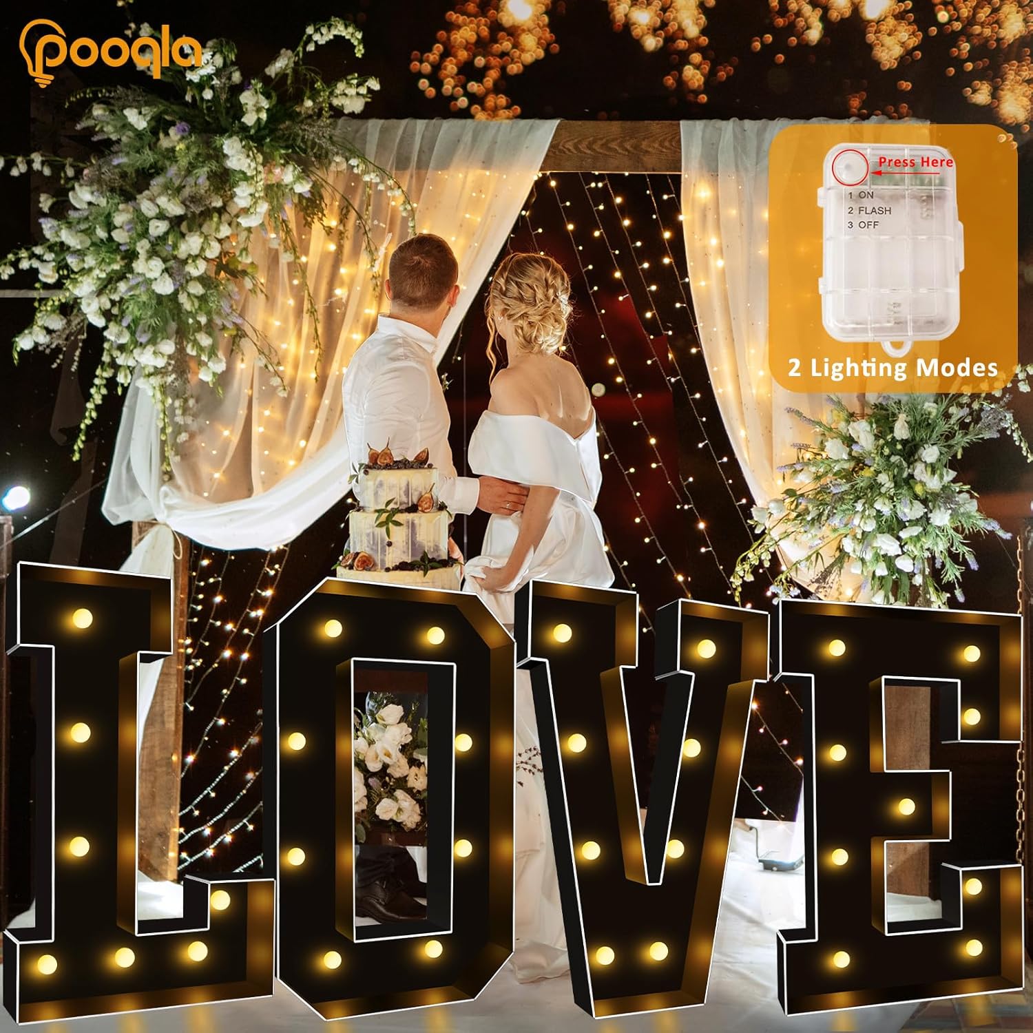 Pooqla Letras iluminadas de marquesina negra de 3 pies, letras de marquesina con luz LED grandes para decoración de fiestas, letras de mosaico