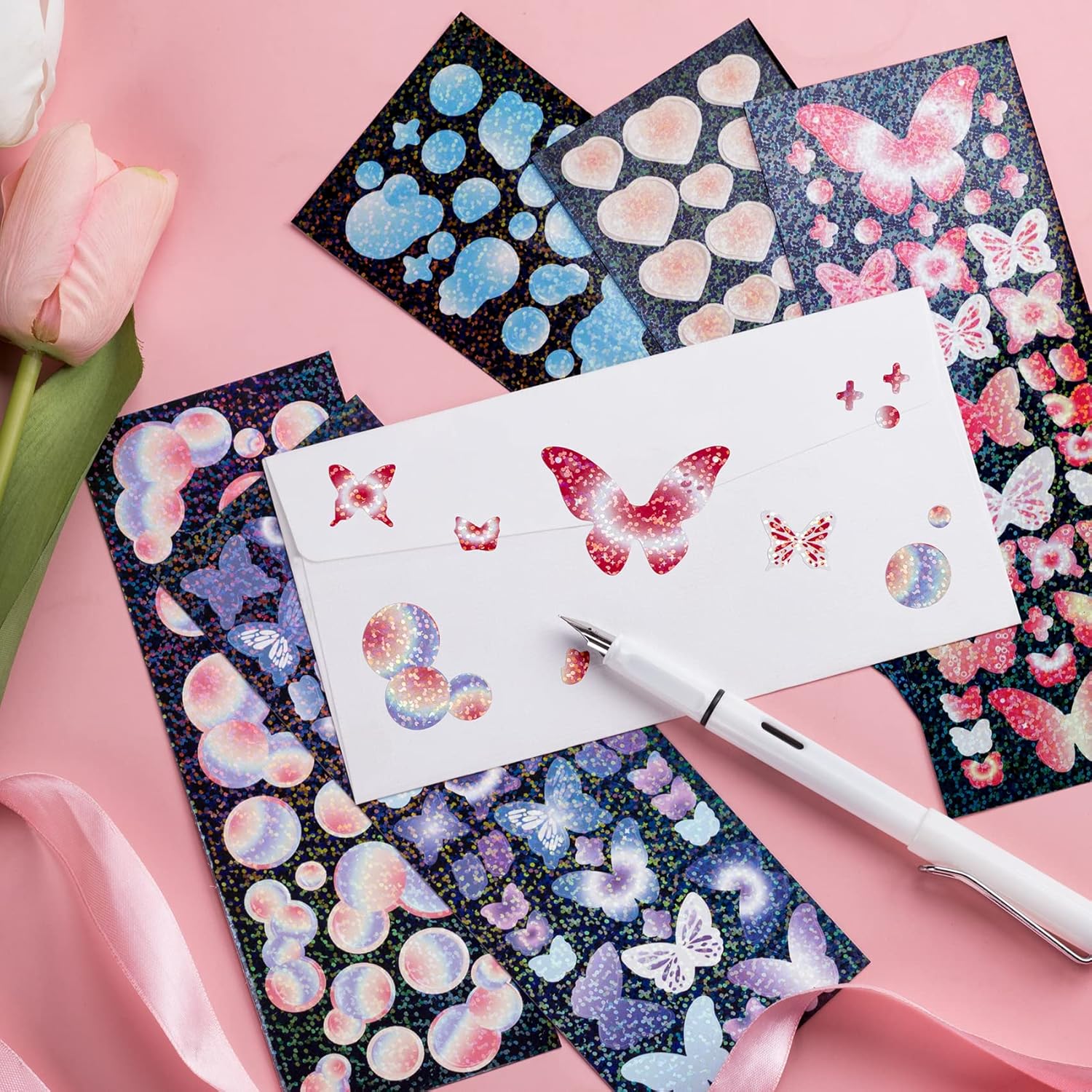 OIIKI 15 hojas de calcomanías coloridas brillantes con láser, burbujas con purpurina, delfín, mariposa, calcomanías de corazón, calcomanías