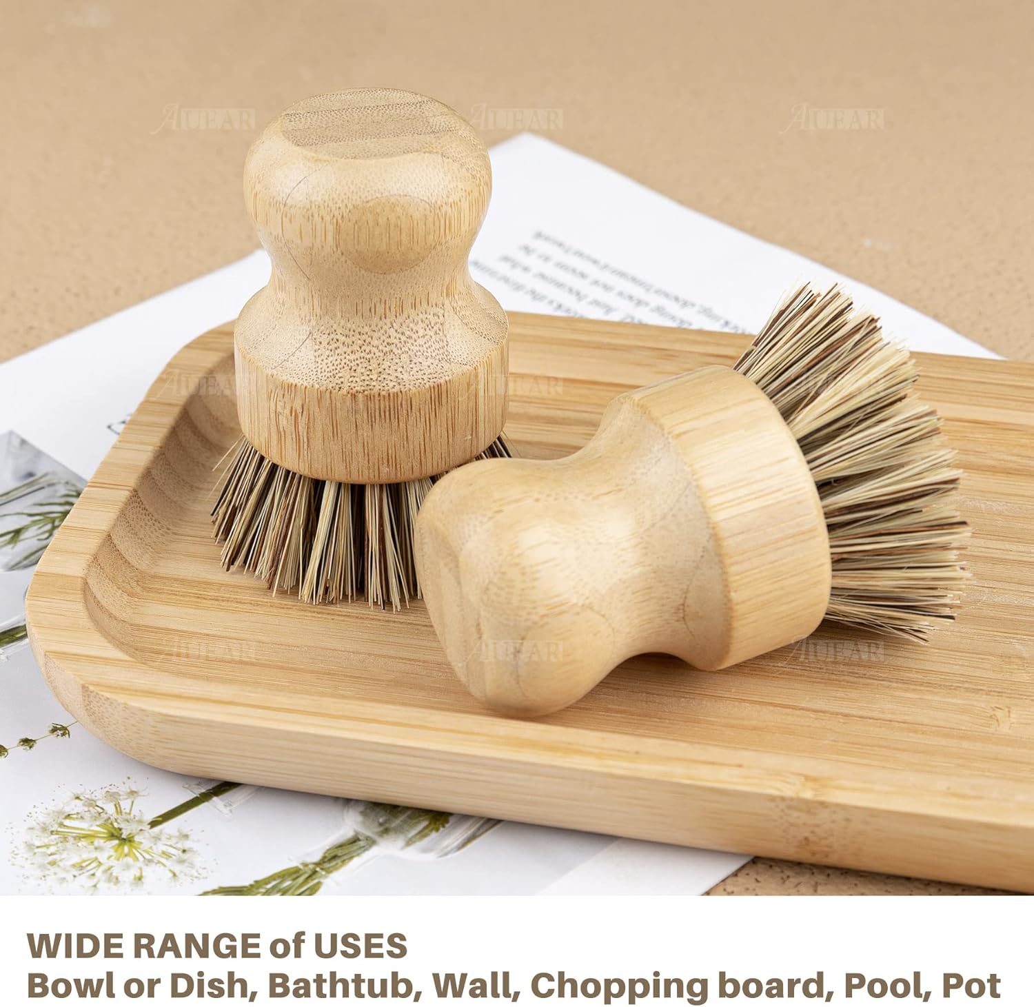 AUEAR, Cepillo de bambú natural para fregar platos, cepillos de limpieza para ollas, cerdas de coco para sartenes de hierro fundido (paquete de 4)