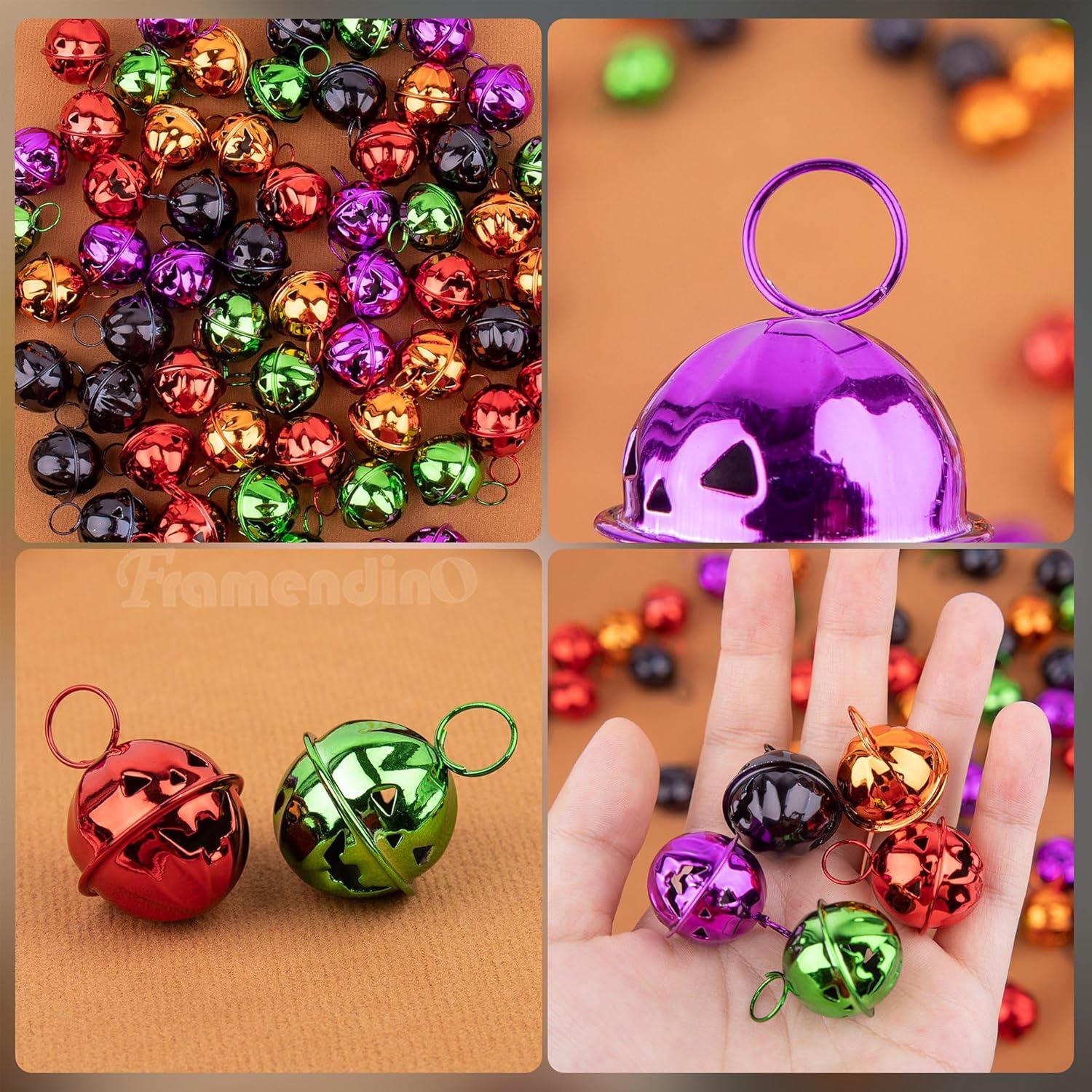Framendino, Paquete de 60 campanas de calabaza, campanas de Halloween, cascabeles coloridos para Halloween, cuentas de calabaza