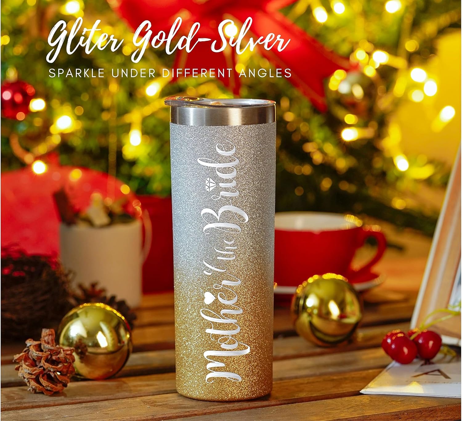Onebttl Mother of The Bride – Vaso de vino de acero inoxidable con tapa, vasos de fiesta de boda para novias y mamá (oro brillante, 20 onzas)