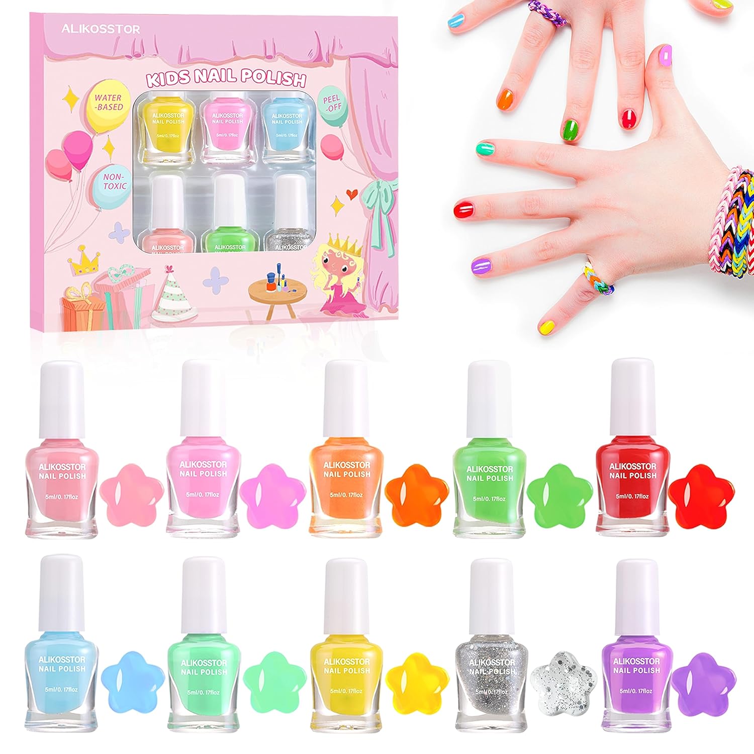 Esmalte de uñas para niños, juego de esmaltes de uñas no tóxicos, de secado rápido, para niñas, 10 colores arcoíris que se despegan a base de agua,