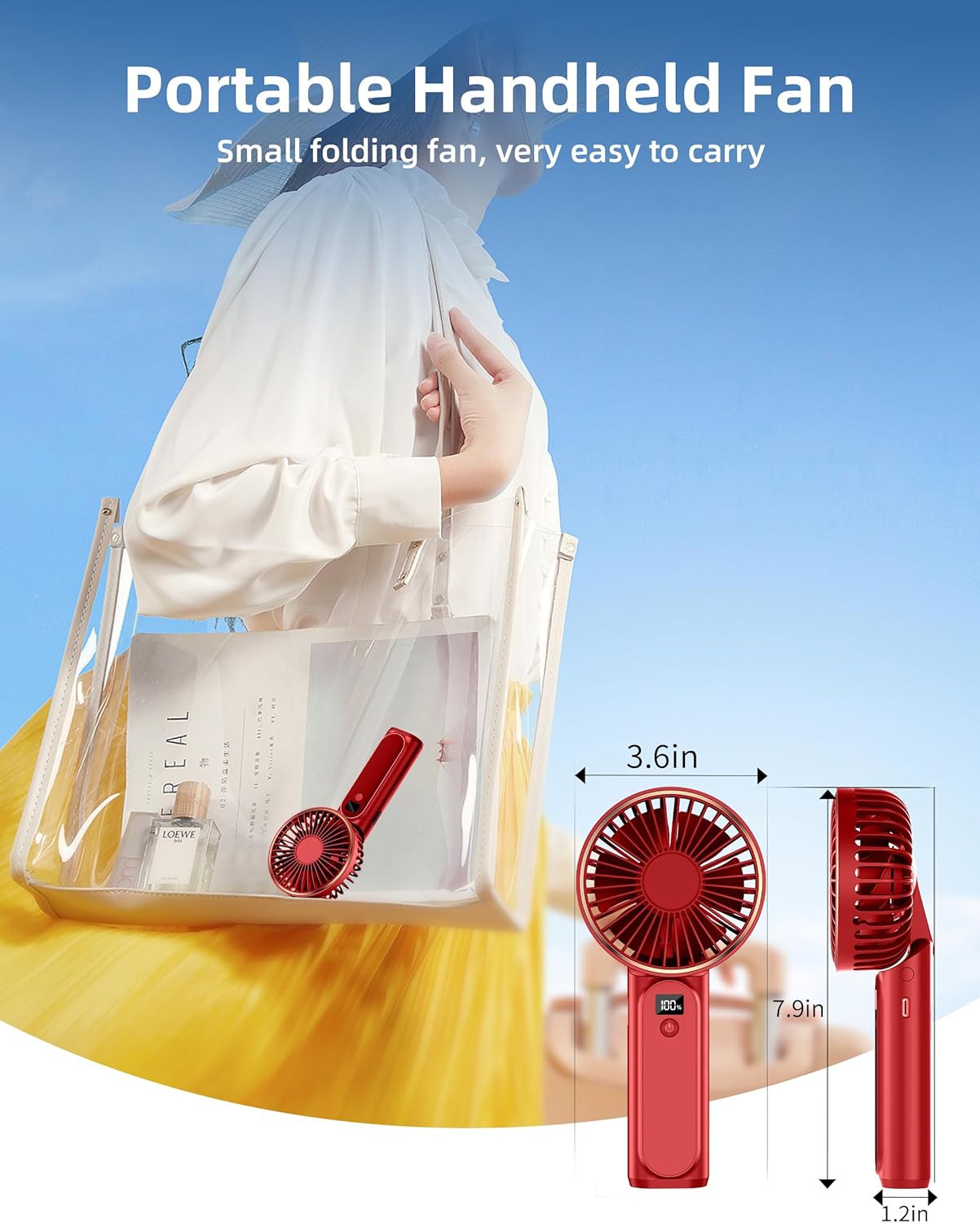TUNISE Ventilador de mano portátil, ventilador de cuello, ventilador de escritorio de 4000 mAh, ajustable en 180, viento de 6 velocidades,