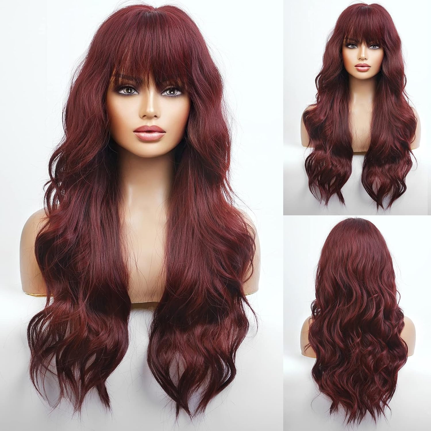 HAIRCBE – Peluca larga roja con flequillo, pelucas rizadas burdeos para mujer, peluca sintética resistente al calor, para uso diario