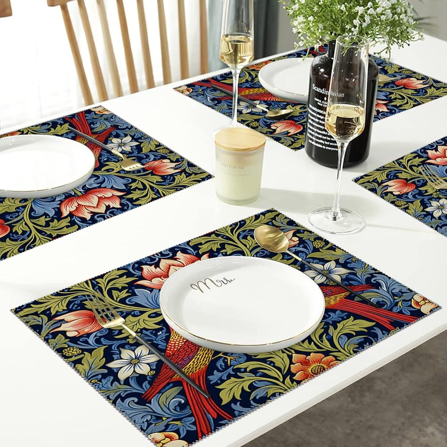 Juego de 4 manteles individuales coloridos de color azul floral rojo pájaro mantel individual resistente al calor, resistente a las manchas,