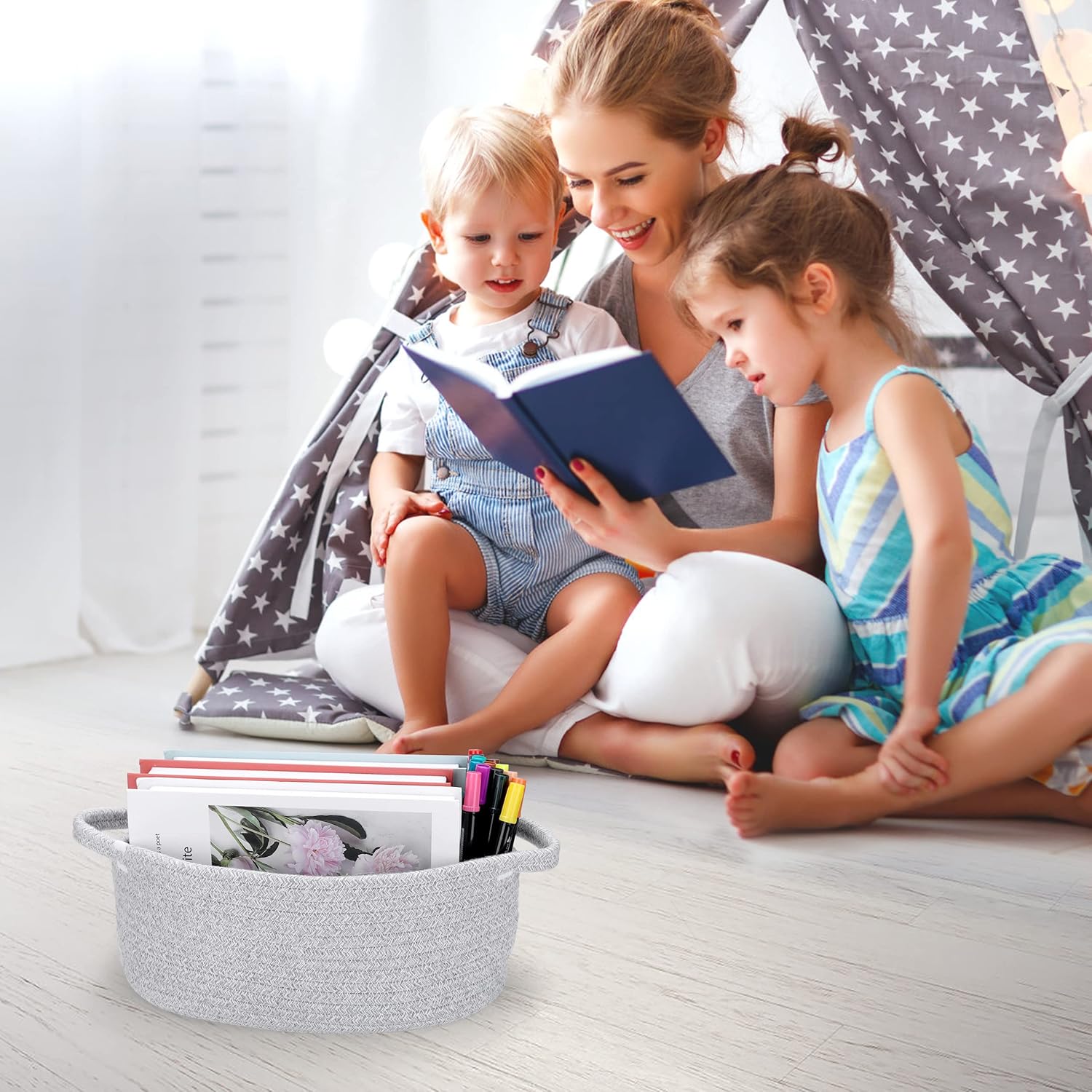 Cesta tejida pequeña y ovalada de cuerda de algodón con asa, cesta de almacenamiento vacía de mimbre para bebé, caja de guardería, organizador para