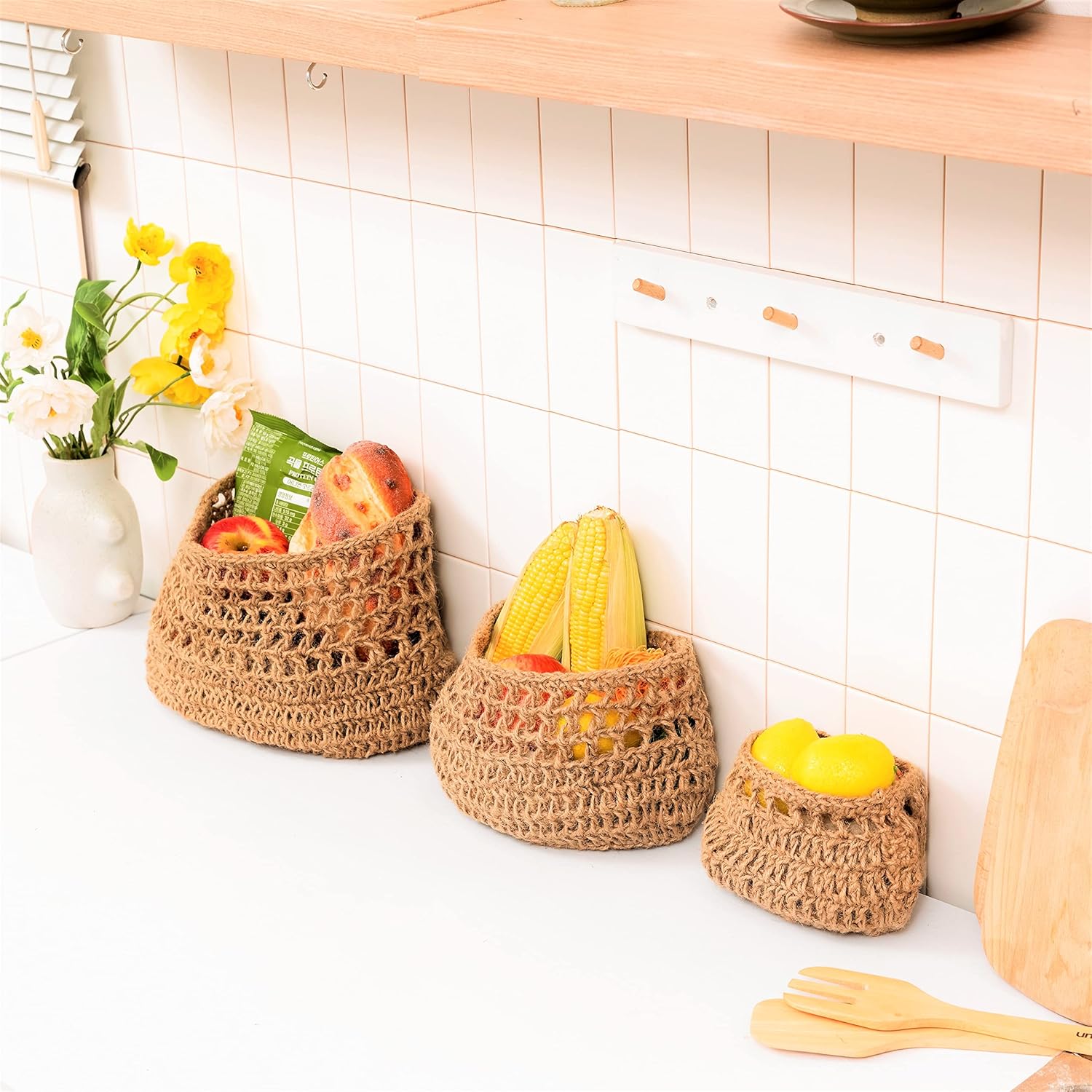 Cesta colgante de frutas, cesta colgante de pared de yute tejida de 3 niveles para organizar, cesta colgante de productos para almacenamiento de