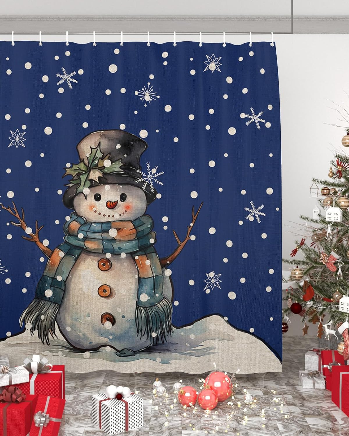 4 Pcs Shower Curtain Set Bathroom Sets, 72″x72″ Absorbent Non-Slip Bathroom Rugs Bath Mat and Toilet Lid Cover, Christmas Snowman Snowflake Blue
