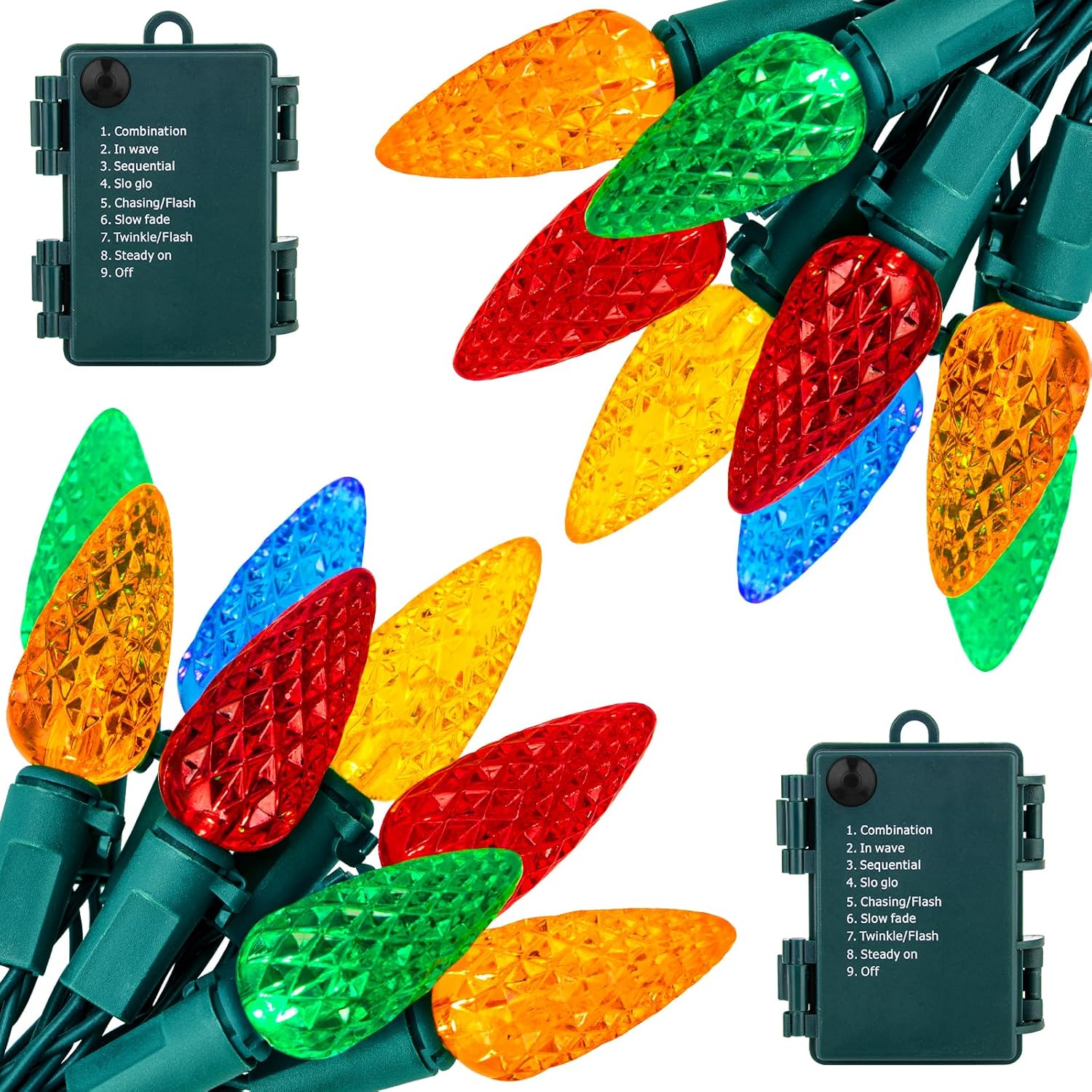 C6 – Guirnalda de luces LED de Navidad, paquete de 2 tiras de luces de fresa de 20 pies con 60 luces LED con temporizador y 8 modos de luz para