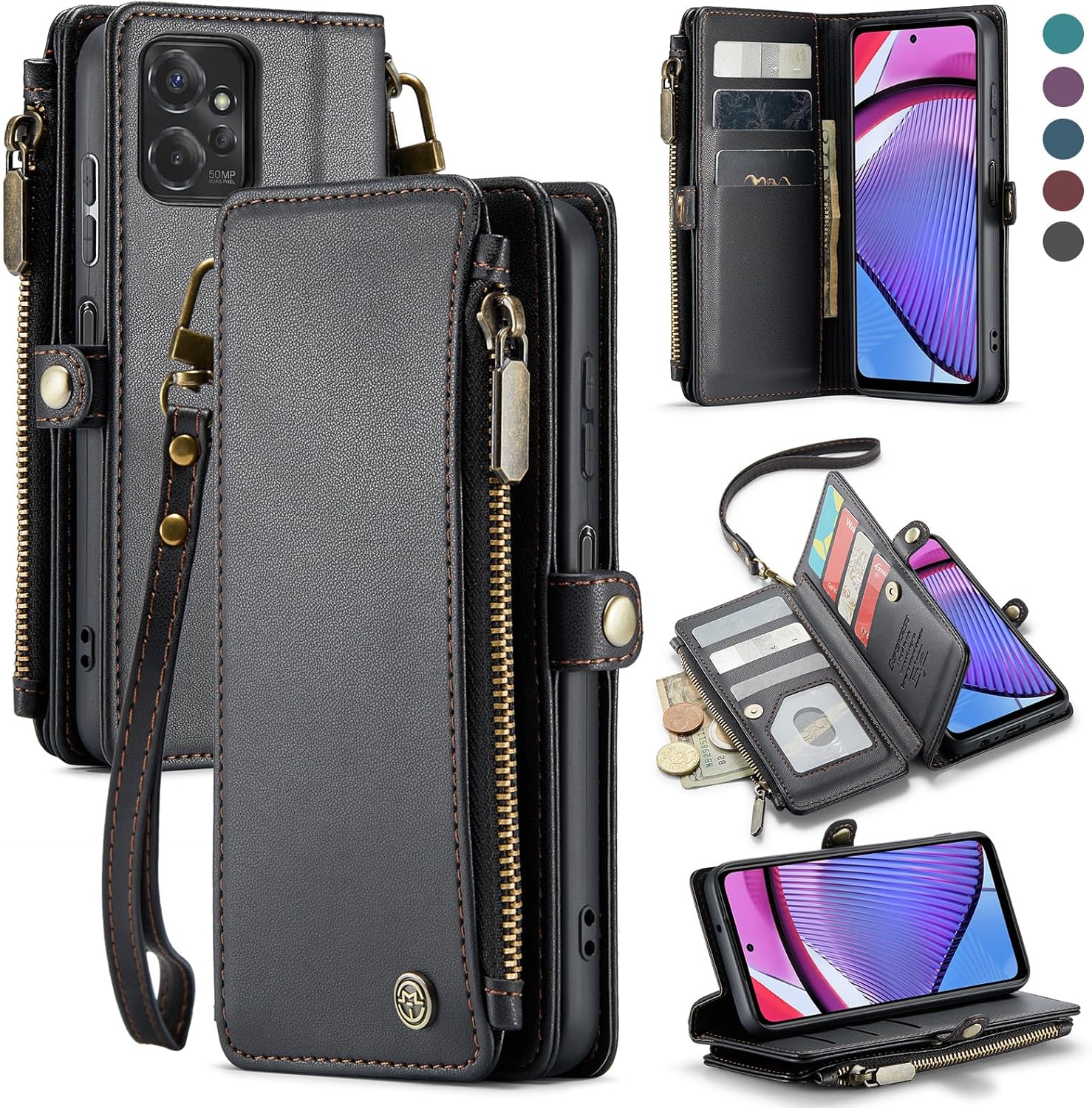 Defencase Funda para Moto G Power 5G 2023, con bloqueo RFID, para Motorola Moto G Power 5G 2023 para mujeres y hombres, correa magnética de piel