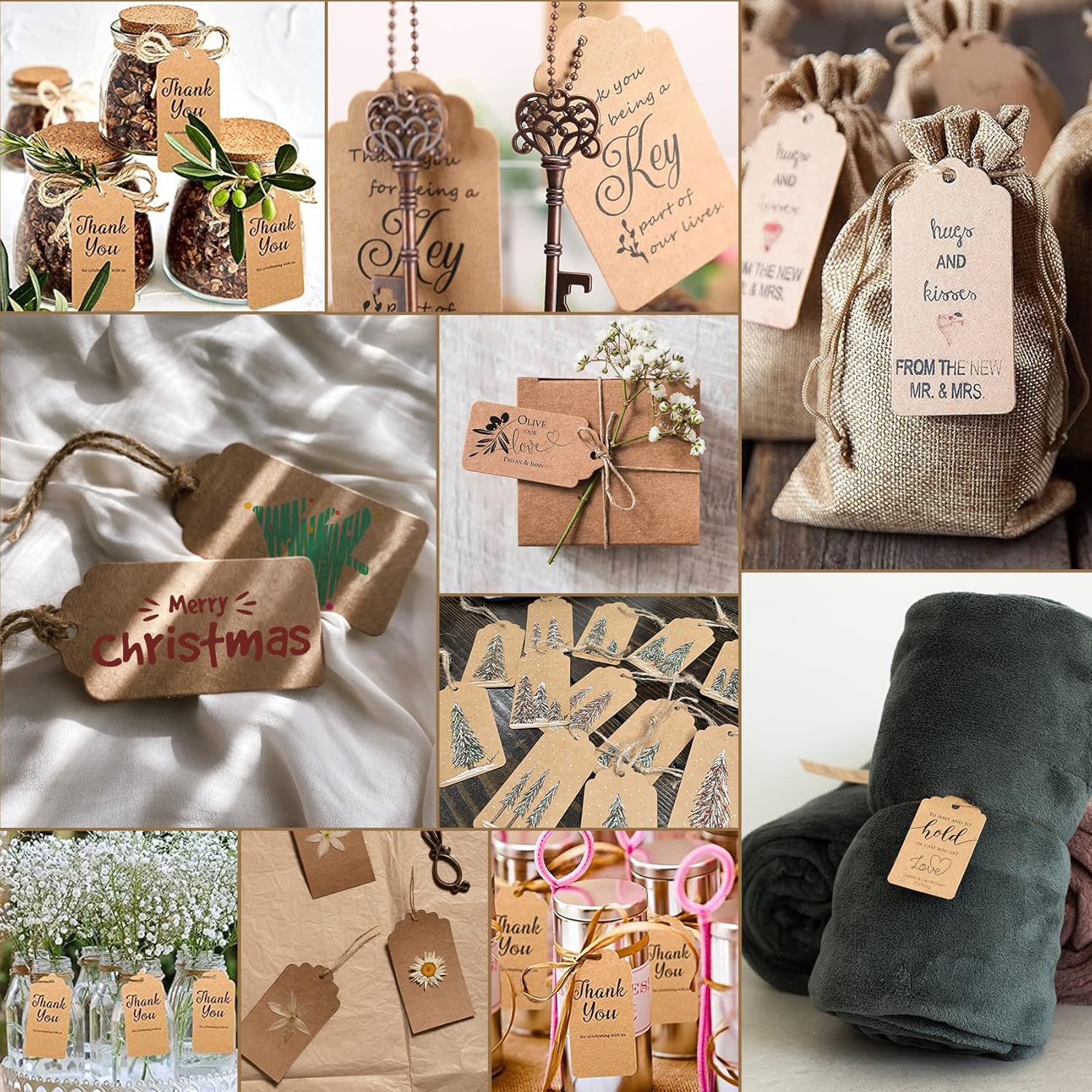 240 etiquetas de regalo, etiquetas colgantes con cuerdas de papel kraft para envolver regalos de Navidad, bodas, cumpleaños, manualidades (cuadrado)
