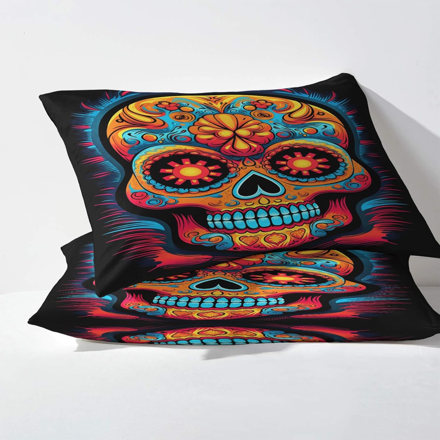Day of The Dead – Juego de sábanas de 4 piezas, tamaño King, diseño de calavera de azúcar, sábanas y fundas de almohada, 4 piezas, sábana bajera