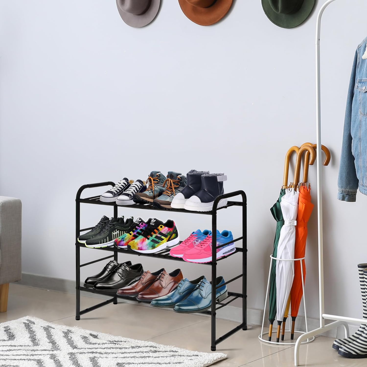 REGILLER Zapatero apilable de 3 niveles, organizador de zapatos expandible y ajustable, estante de almacenamiento, alta capacidad, rejilla de