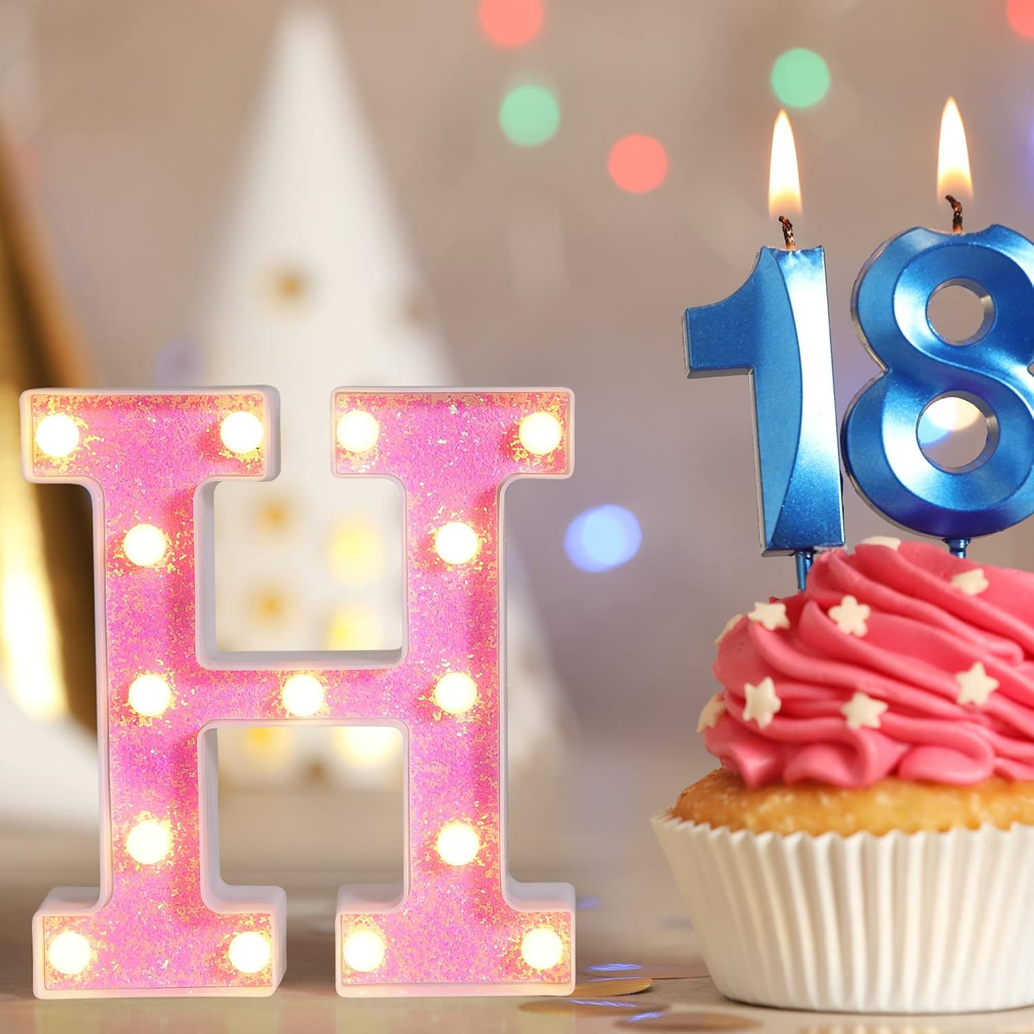 Foaky Letrero con luces LED, letras rosadas con purpurina, letras del alfabeto, letreros para luz nocturna, bodas, fiestas de cumpleaños, lámpara de