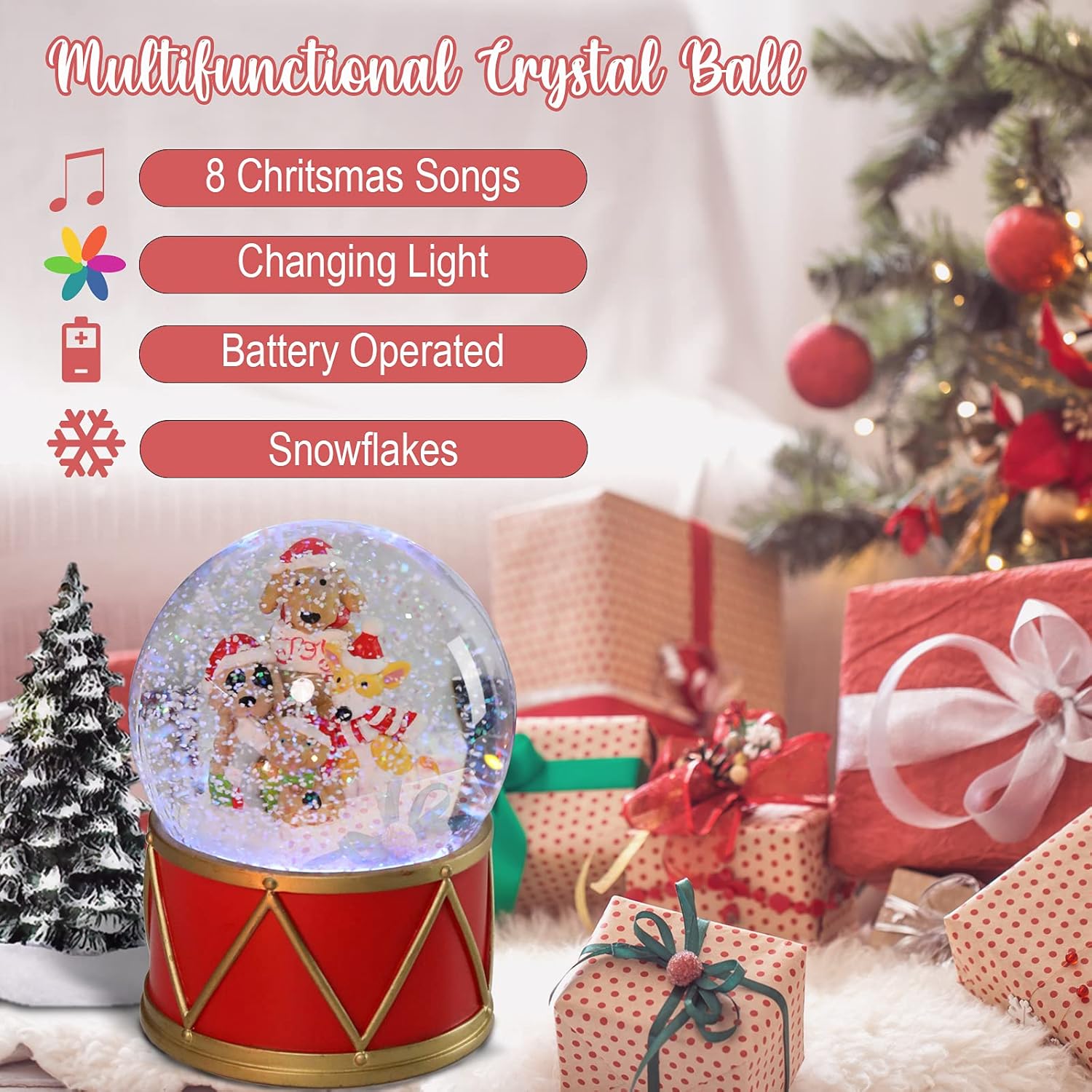 Globo de nieve de Navidad, globo de agua musical para perros y gatos, con 8 canciones, caja de música que cambia de color, para decoración del hogar