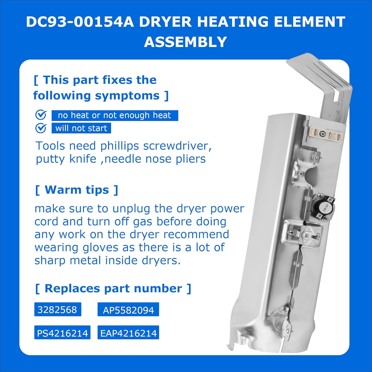 DC93-00154A Conjunto de elemento calefactor para secadora SAMSUNG -3 Calentador de conducto de secador de alambre Reemplazar Sam#DC93-00154A