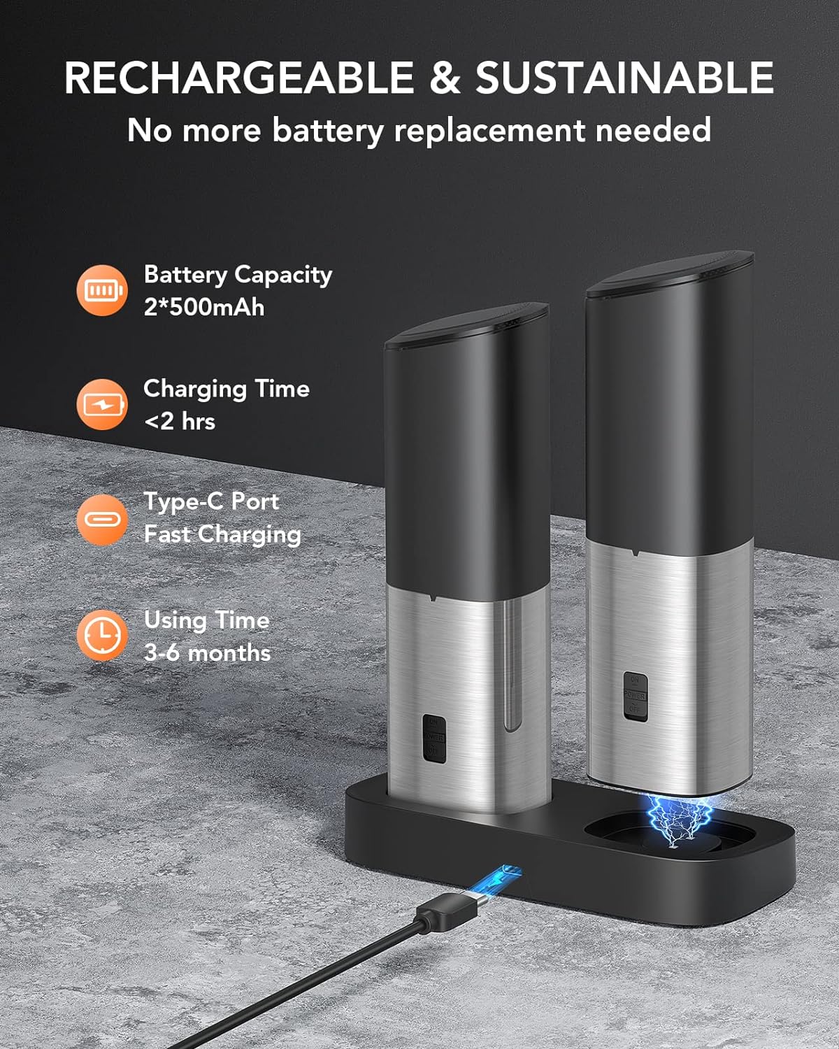 Gravity – Juego de molinillo eléctrico de sal y pimienta de gran capacidad, recargable por USB, funciona con una sola mano, grosor ajustable, tapa