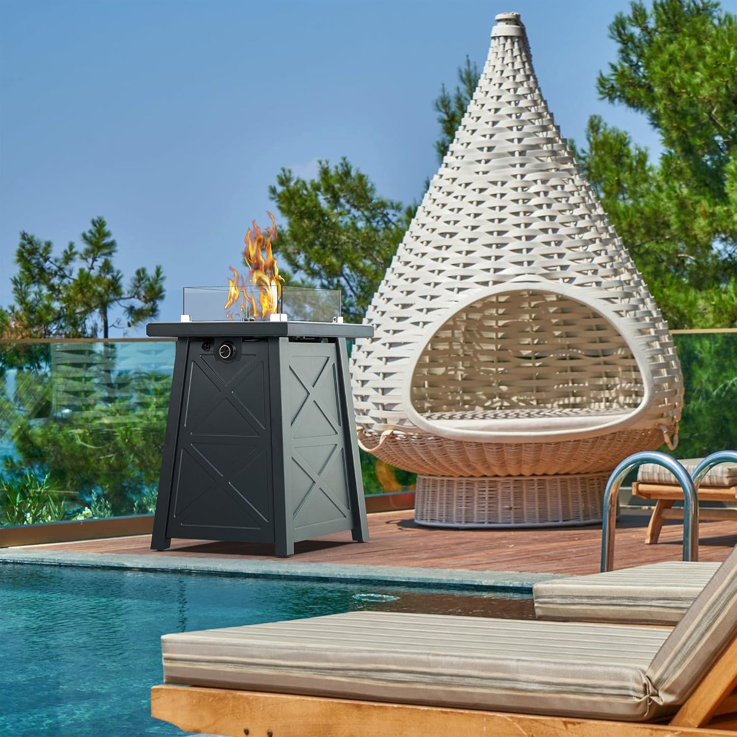 Mesa de fuego de acero de 19.5 pulgadas, hoguera de gas para exteriores de 40,000 BTU, diseño moderno, columna de propano para patio, chimenea con