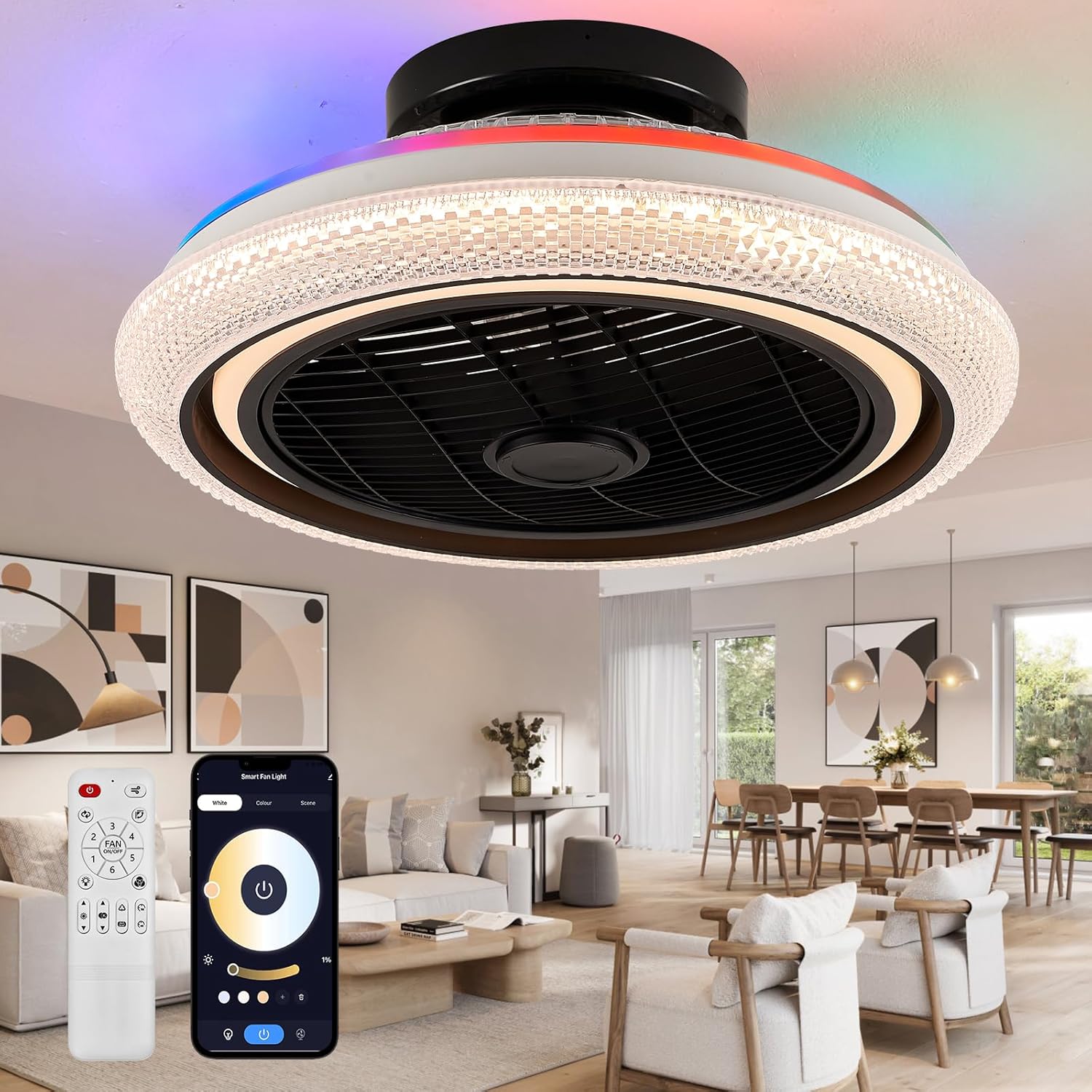 Ventilador de techo de cristal RGB con control remoto de luz, ventilador de techo de 19.7 pulgadas, montaje empotrado, RGB regulable, LED, 6
