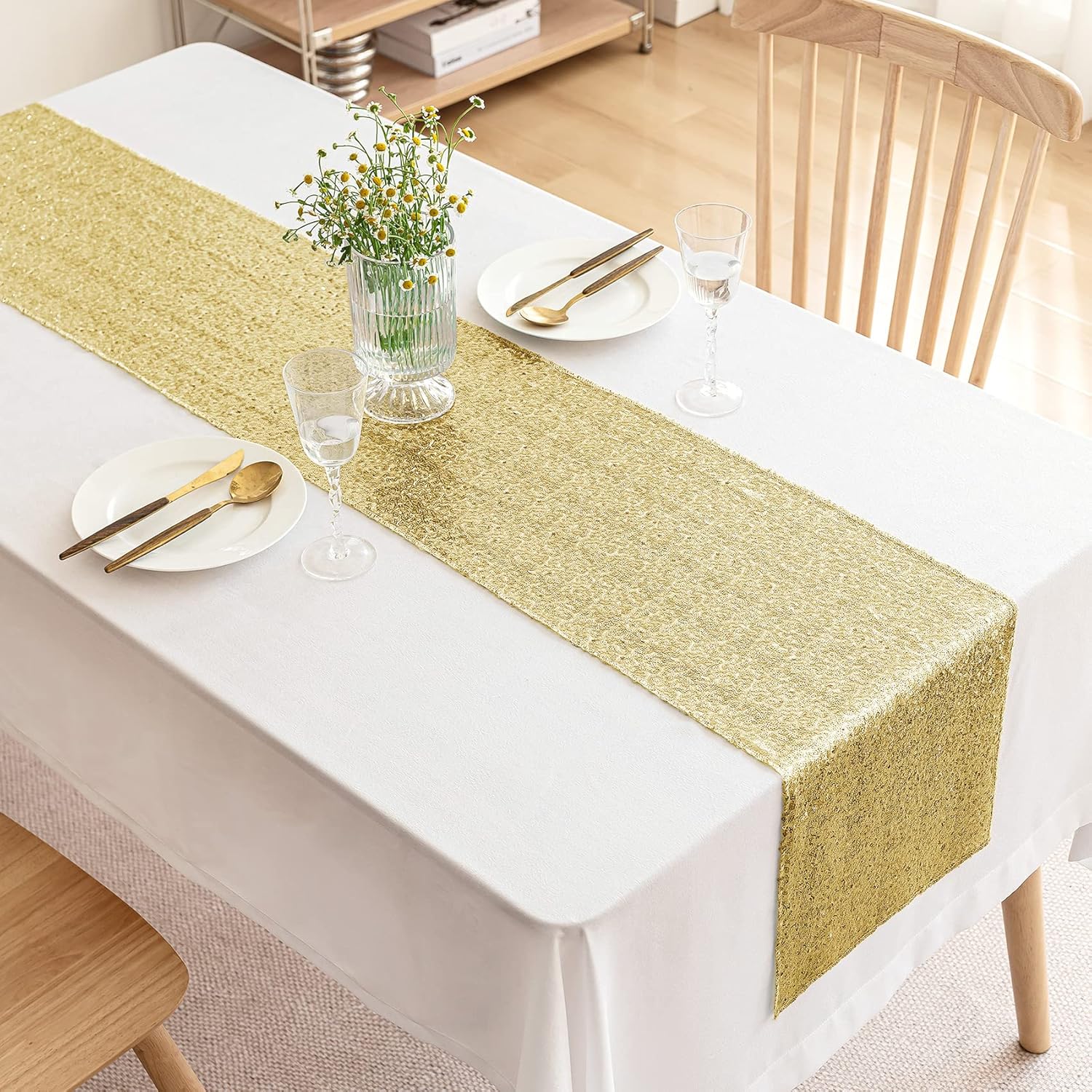 Camino de mesa de lentejuelas doradas, paquete de 12 caminos de mesa con purpurina de 12 x 72 pulgadas, mantel de lentejuelas doradas para mesas,