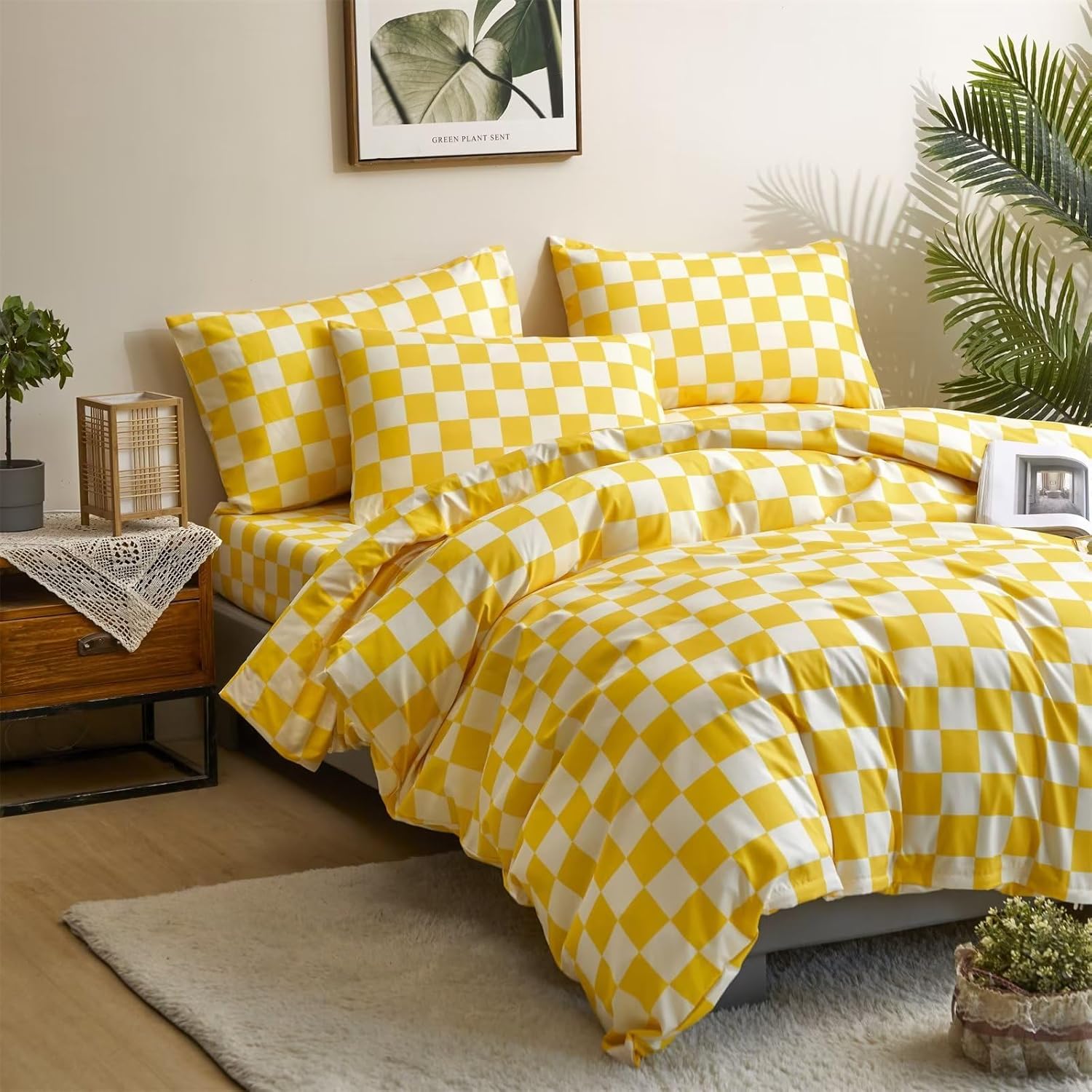Cottonight Juego de edredón amarillo tamaño Queen, juego de ropa de cama a cuadros con patrón de cuadros amarillo brillante y blanco, edredón suave