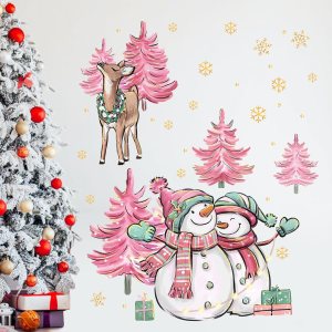 Yovkky Calcomanías de pared de muñeco de nieve de Navidad, árbol de Navidad rosa, reno de alce de Navidad, decoración de dormitorio de Año Nuevo, Yovkky Calcomanías de pared de muñeco de nieve de Navidad, árbol de Navidad rosa, reno de alce de Navidad, decoración de dormitorio de Año Nuevo,