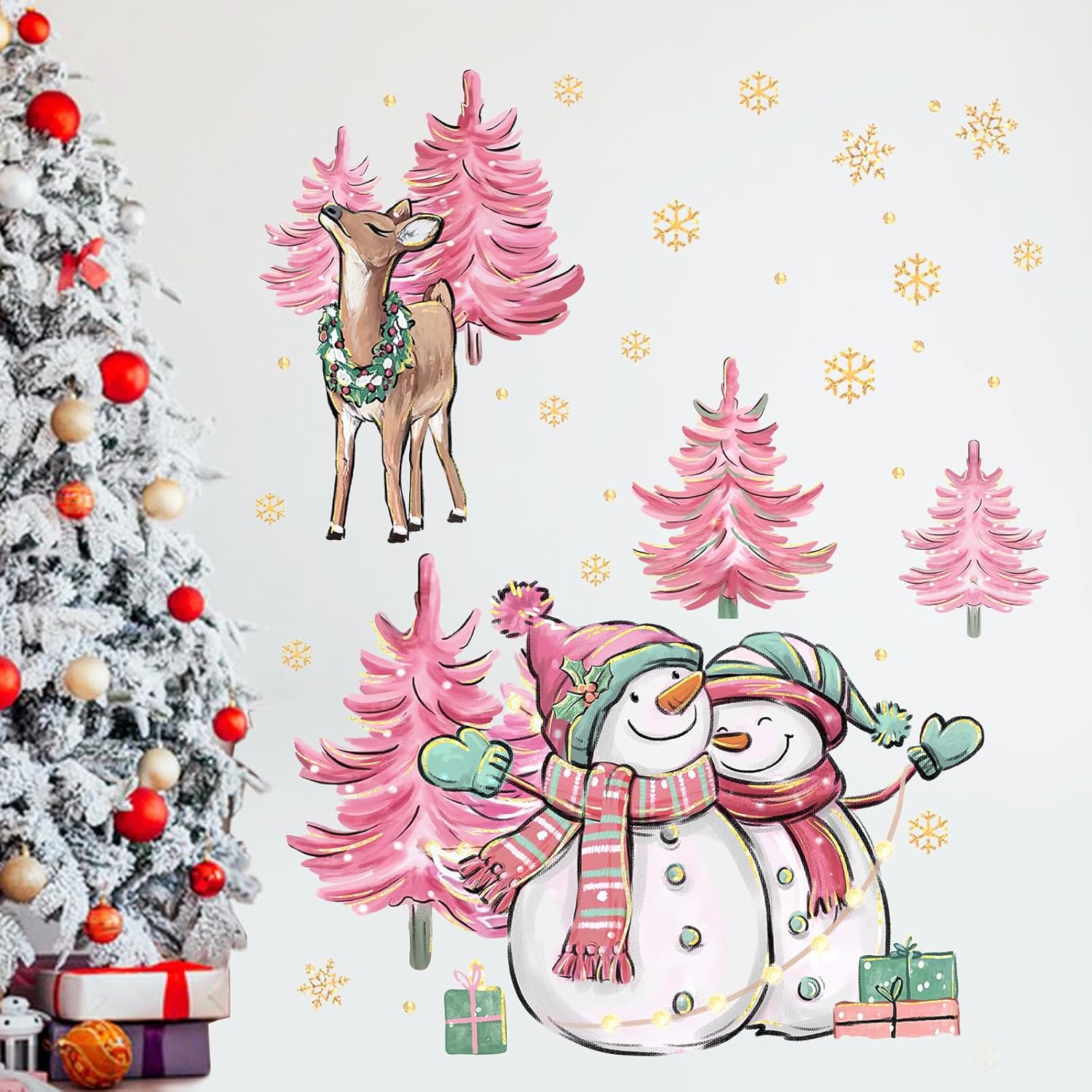 Yovkky Calcomanías de pared de muñeco de nieve de Navidad, árbol de Navidad rosa, reno de alce de Navidad, decoración de dormitorio de Año Nuevo,
