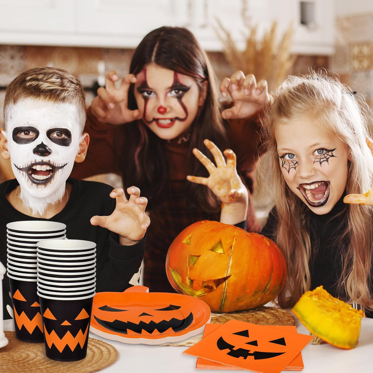 AnyDesign – Juego de vajilla para fiesta de Halloween, platos de papel con temática de calabaza naranja y negra, tazas, servilletas, vajilla
