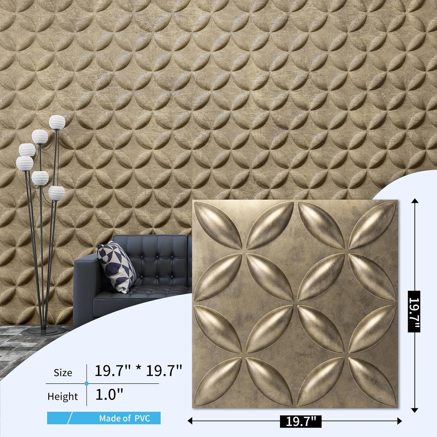 Art3d Paneles de pared 3D texturizados, paneles de pared de PVC para decoración de pared interior, paquete de 12 azulejos de 32 pies cuadrados, oro