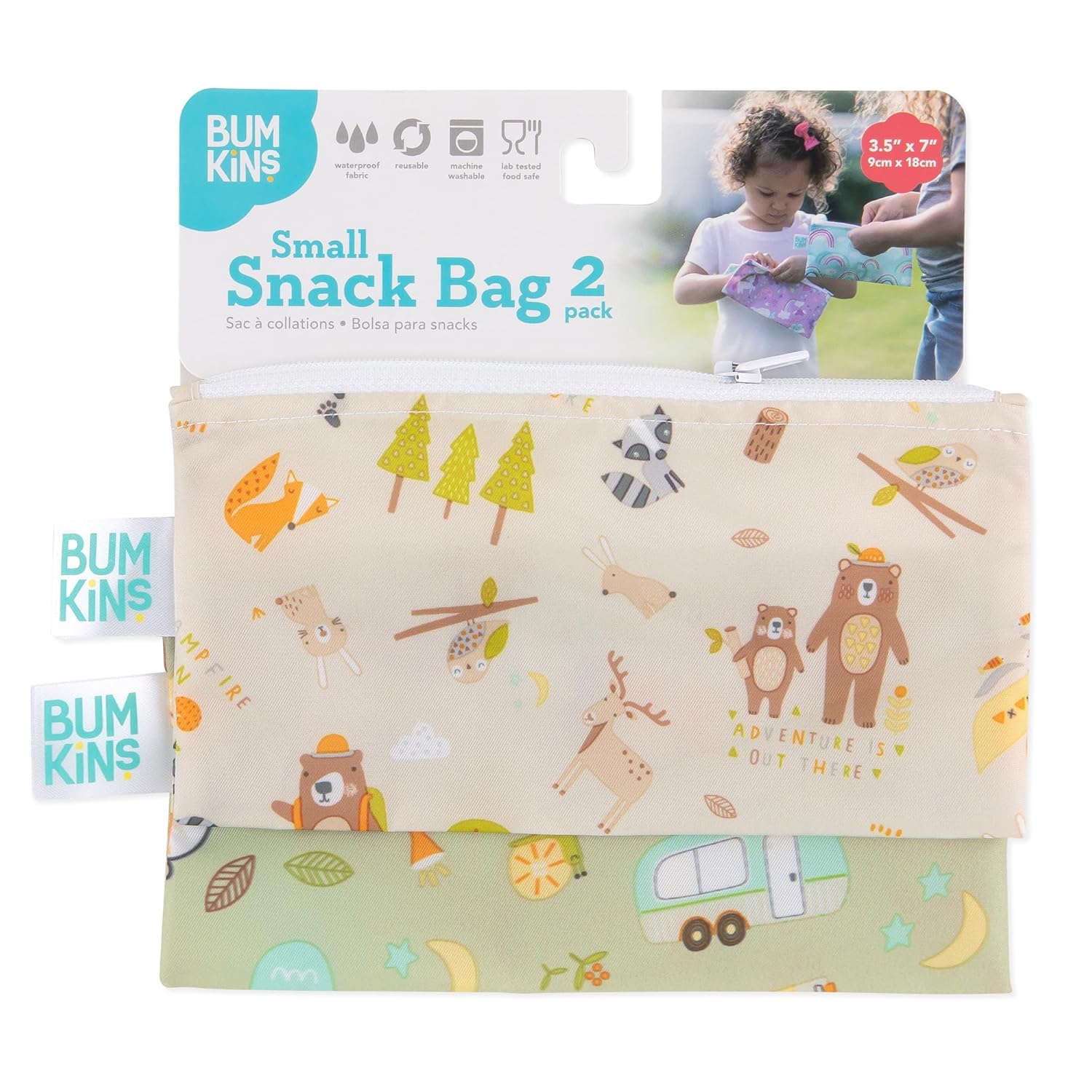 Bumkins Bolsas de aperitivos reutilizables, para el almuerzo escolar de niños y para adultos, tela lavable, bolsa de tela impermeable con