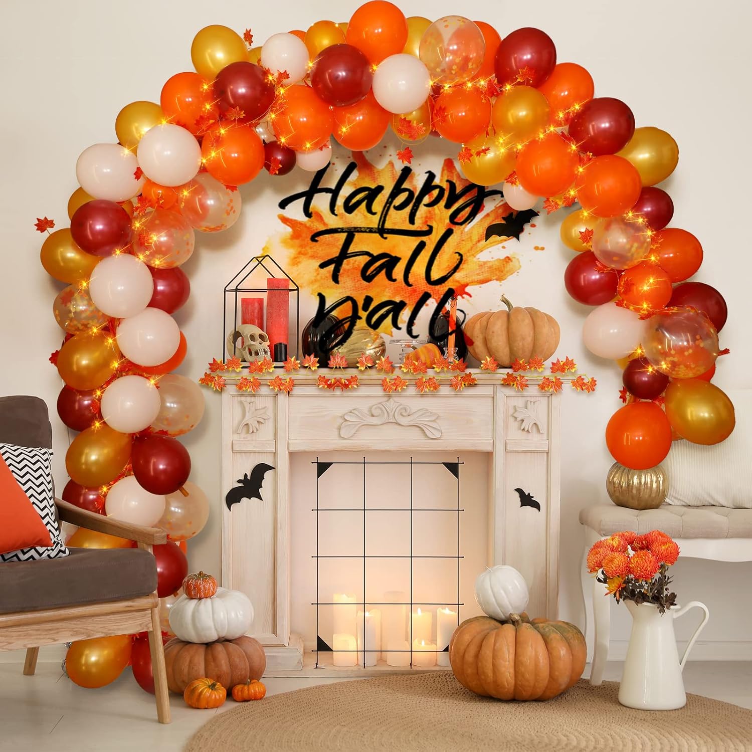 Kit de guirnalda de globos de agradecimiento con luces LED, hojas de arce, vid de otoño, naranja, granate, para Acción de Gracias, otoño, calabaza,
