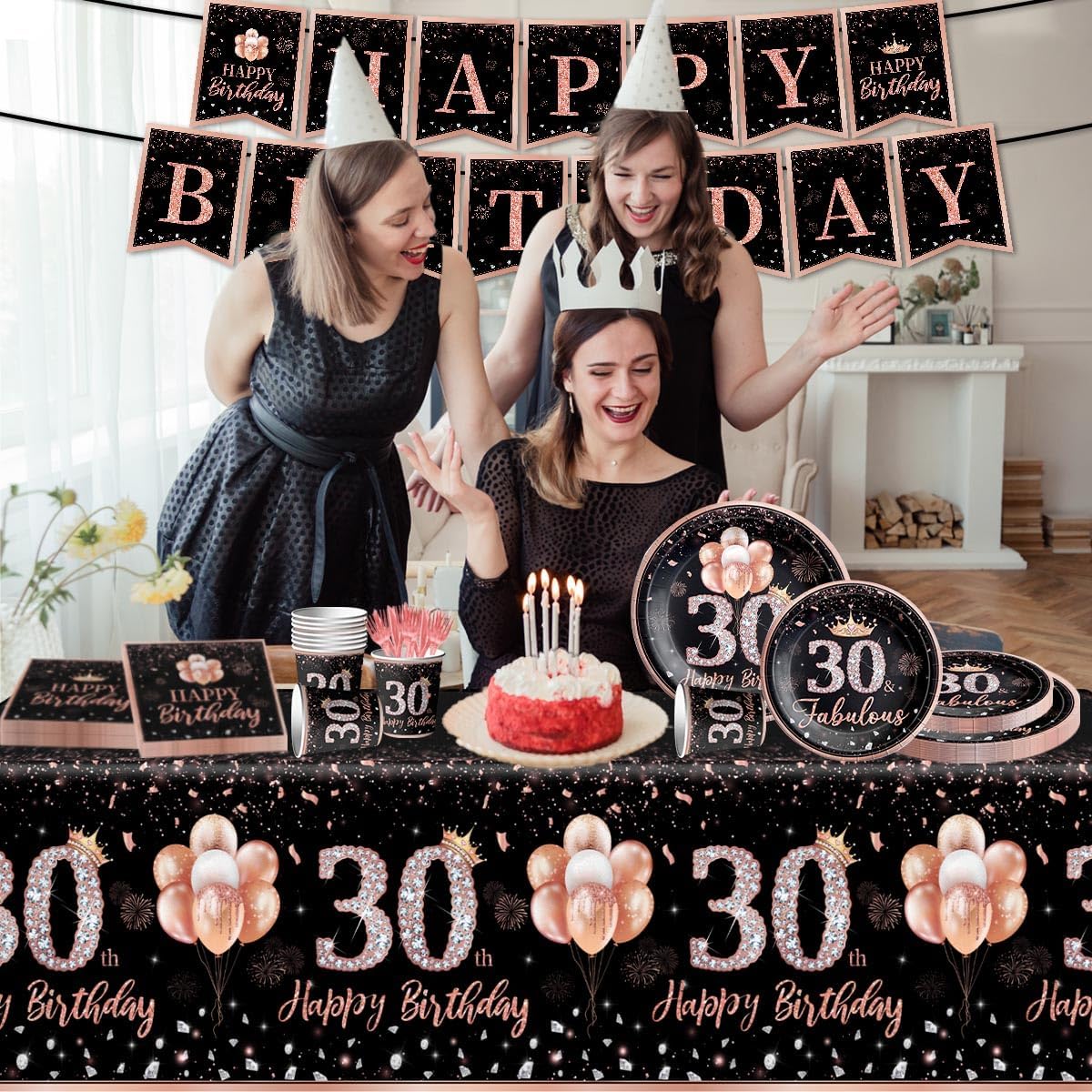142 piezas de vajilla de 30 cumpleaños para mujer, suministros de fiesta de cumpleaños de 30 años de color oro rosa para ella, mantel desechable,