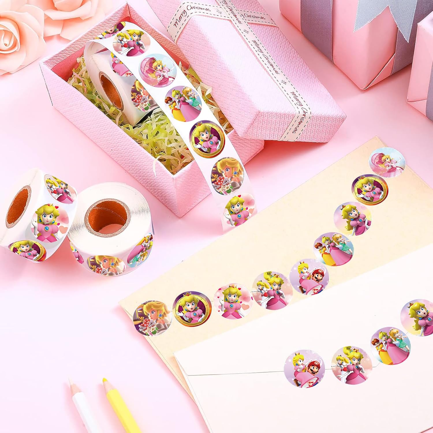 Calcomanías de princesa melocotón para niños, recuerdo de fiesta de cumpleaños de princesa melocotón, 500 calcomanías de princesa melocotón