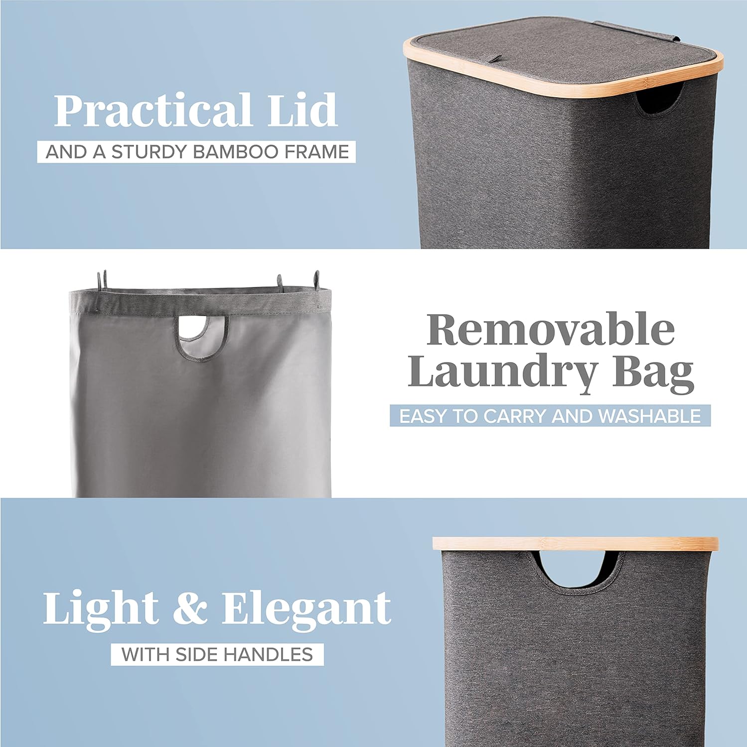 Cesta de lavandería gris con tapa  XL 100 L  Cestas grandes para lavandería con asas  Contenedor alto de bambú para ropa sucia  Cesta de papel