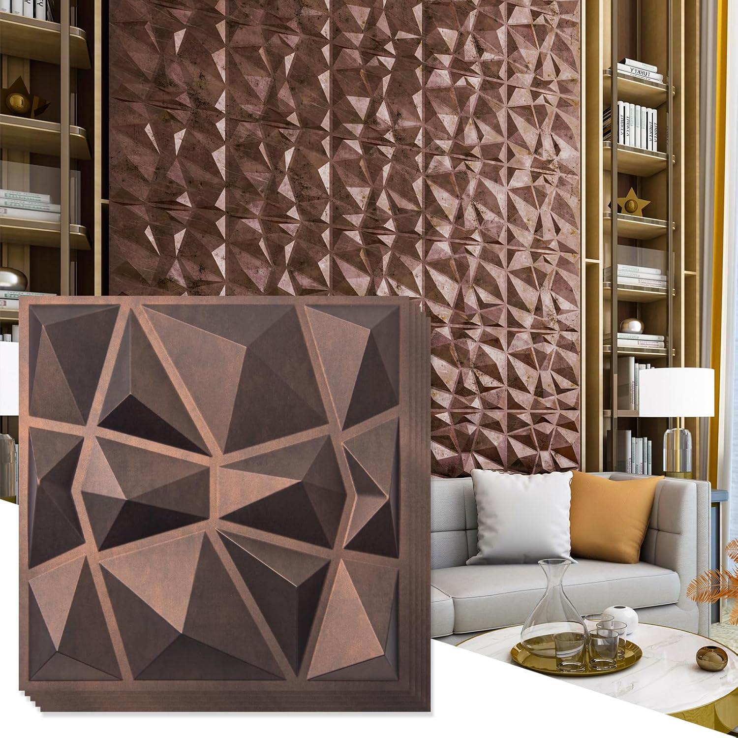 Art3d Textures A10038AC – Paneles de pared 3D con diseño de diamante de cobre antiguo para decoración de pared interior, paquete de 12 azulejos de