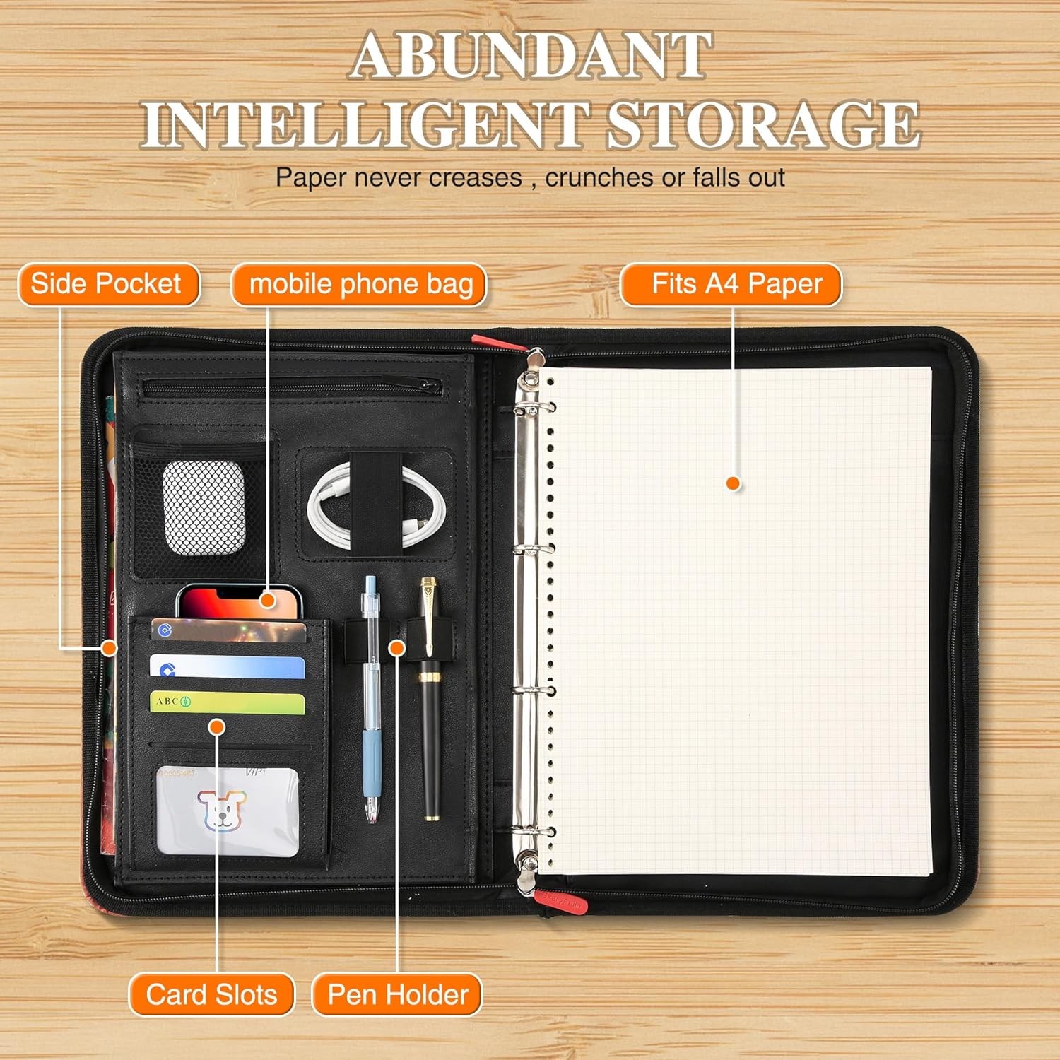 Padfolio – Organizador de piel sintética, carpeta con cremallera de 4 juntas tóricas (rojo y marrón)