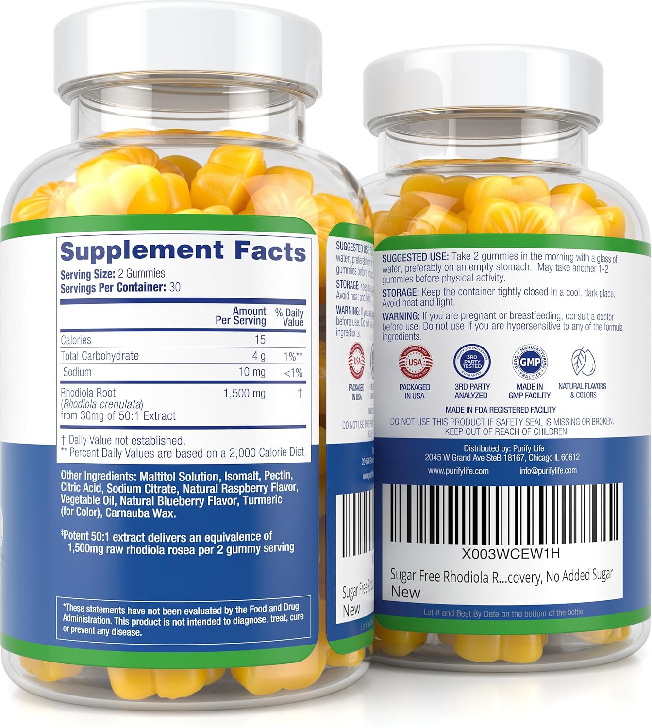 Gomitas de Rhodiola Rosea sin azúcar (1500 mgporción) Suplemento adaptogénico de Rhodiola Rosea y bloqueador de cortisol para rendimiento,