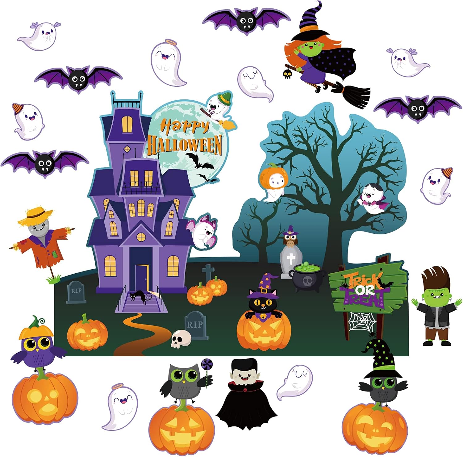 Decoración de tablero de anuncios de Halloween para el aula, recortes de papel, golosinas, calabaza, búho, gato, murciélago, bruja, fantasma,