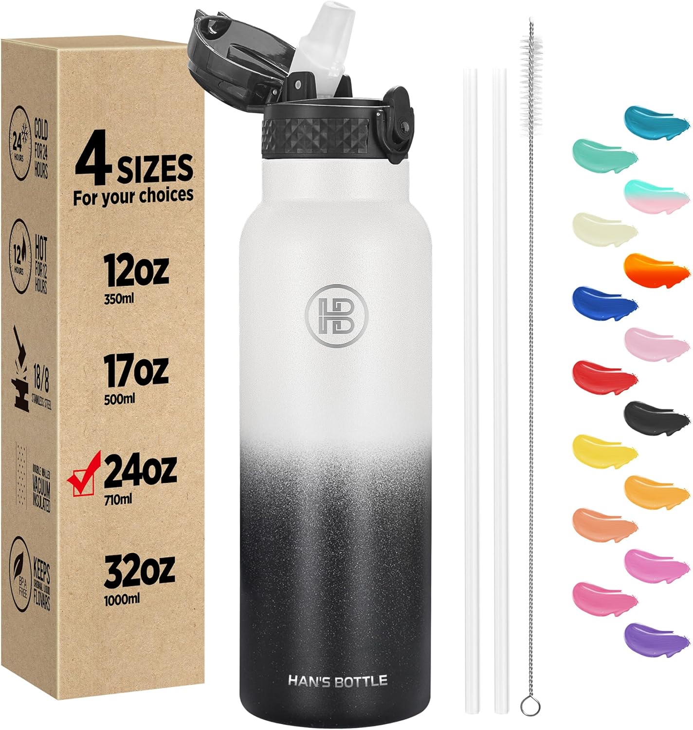 Han’s Bottle Botella de agua deportiva de 24 onzas, tapa con pajilla, a prueba de fugas, acero inoxidable aislado al vacío, doble pared, taza